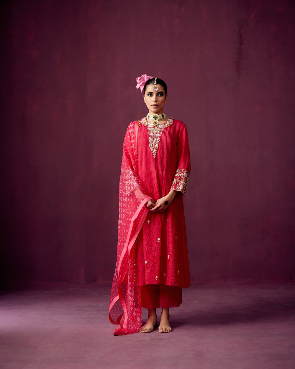 Hot Pink Straight fit Pintuck kurta with silk pant and bandhej print organza dupatta.