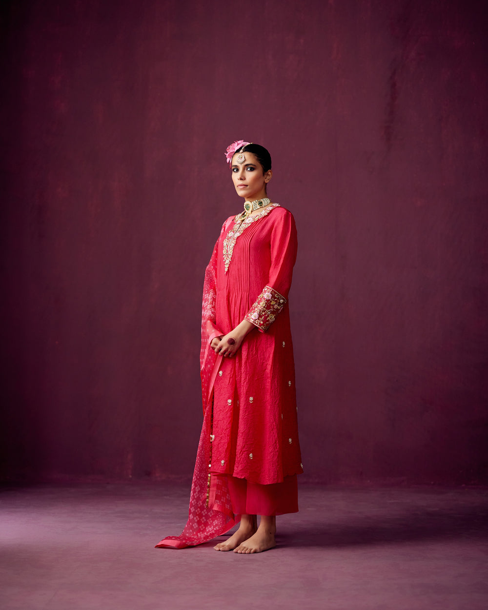 Hot Pink Straight fit Pintuck kurta with silk pant and bandhej print organza dupatta.