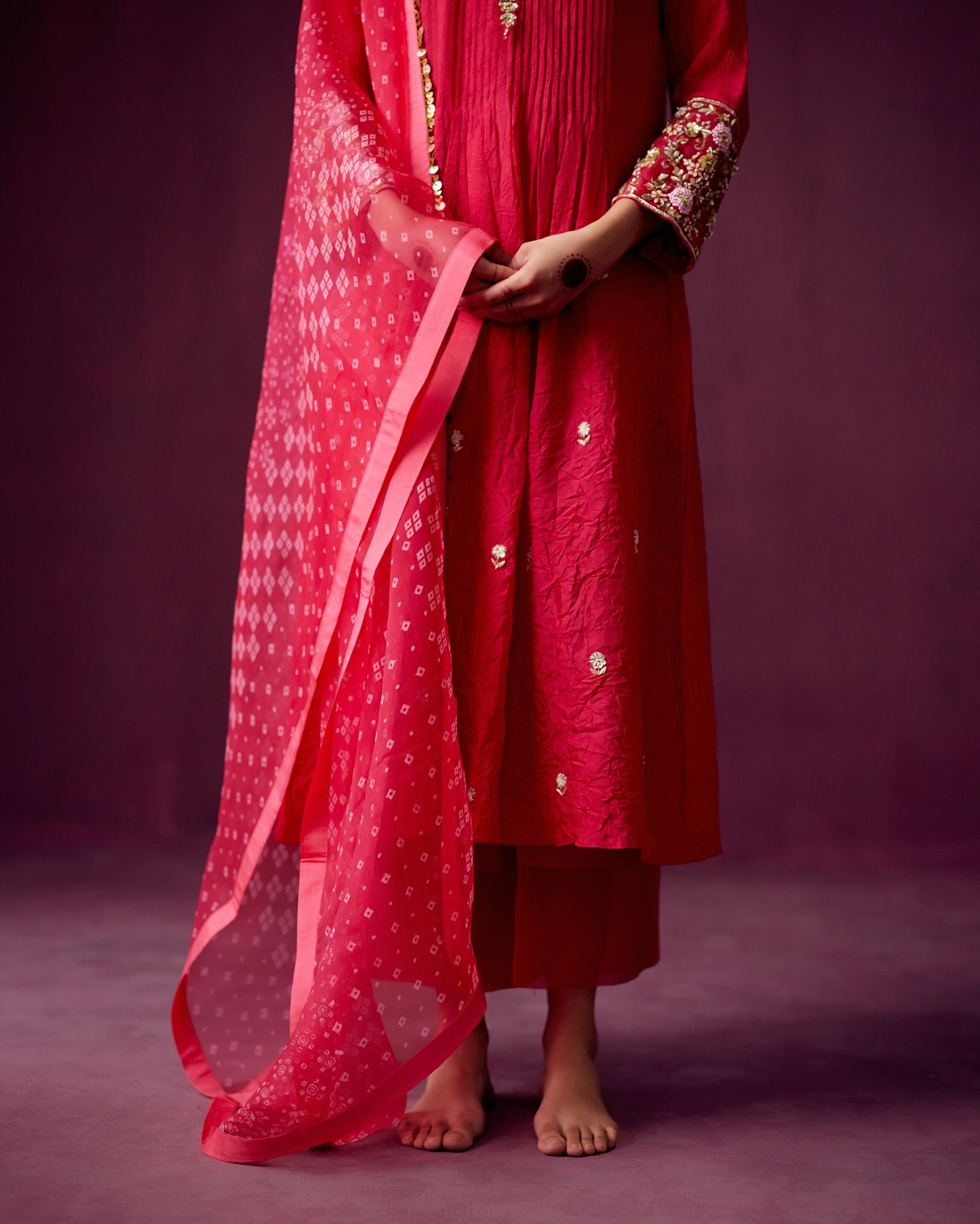 Hot Pink Straight fit Pintuck kurta with silk pant and bandhej print organza dupatta.