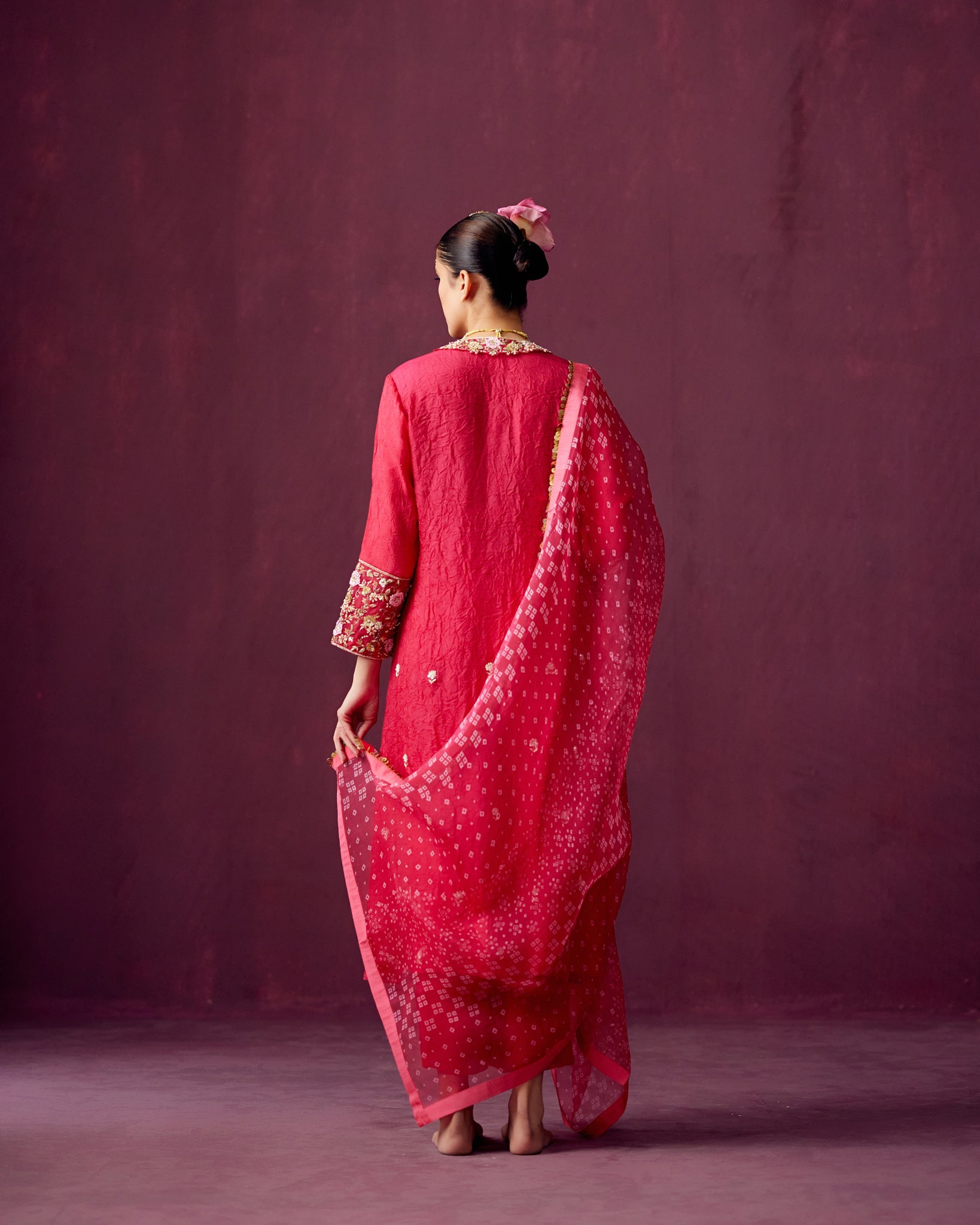 Hot Pink Straight fit Pintuck kurta with silk pant and bandhej print organza dupatta.