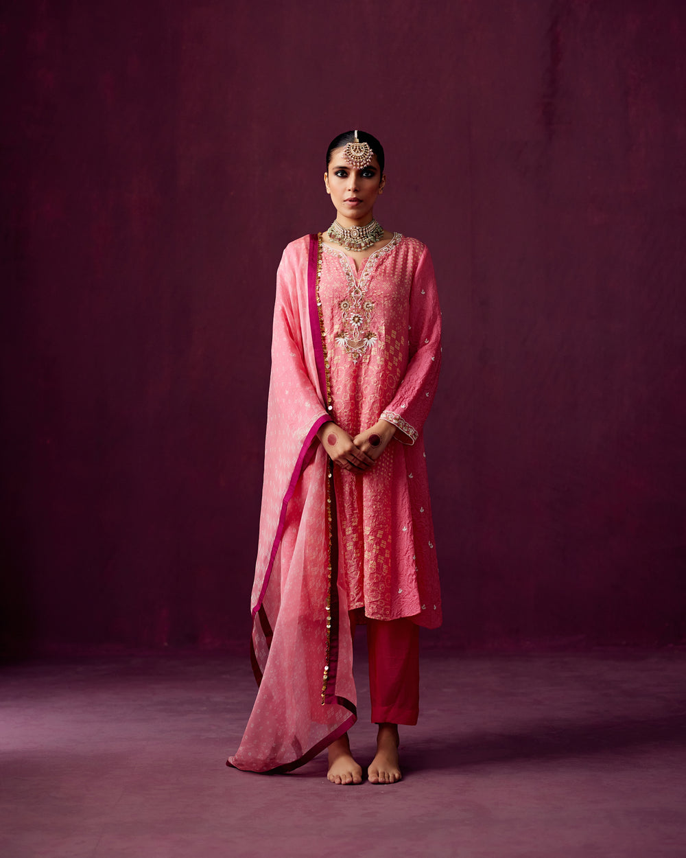 Pink Crush Silk kurta with Bandhej panel Embroidery, Pants and Bandhej print dupatta