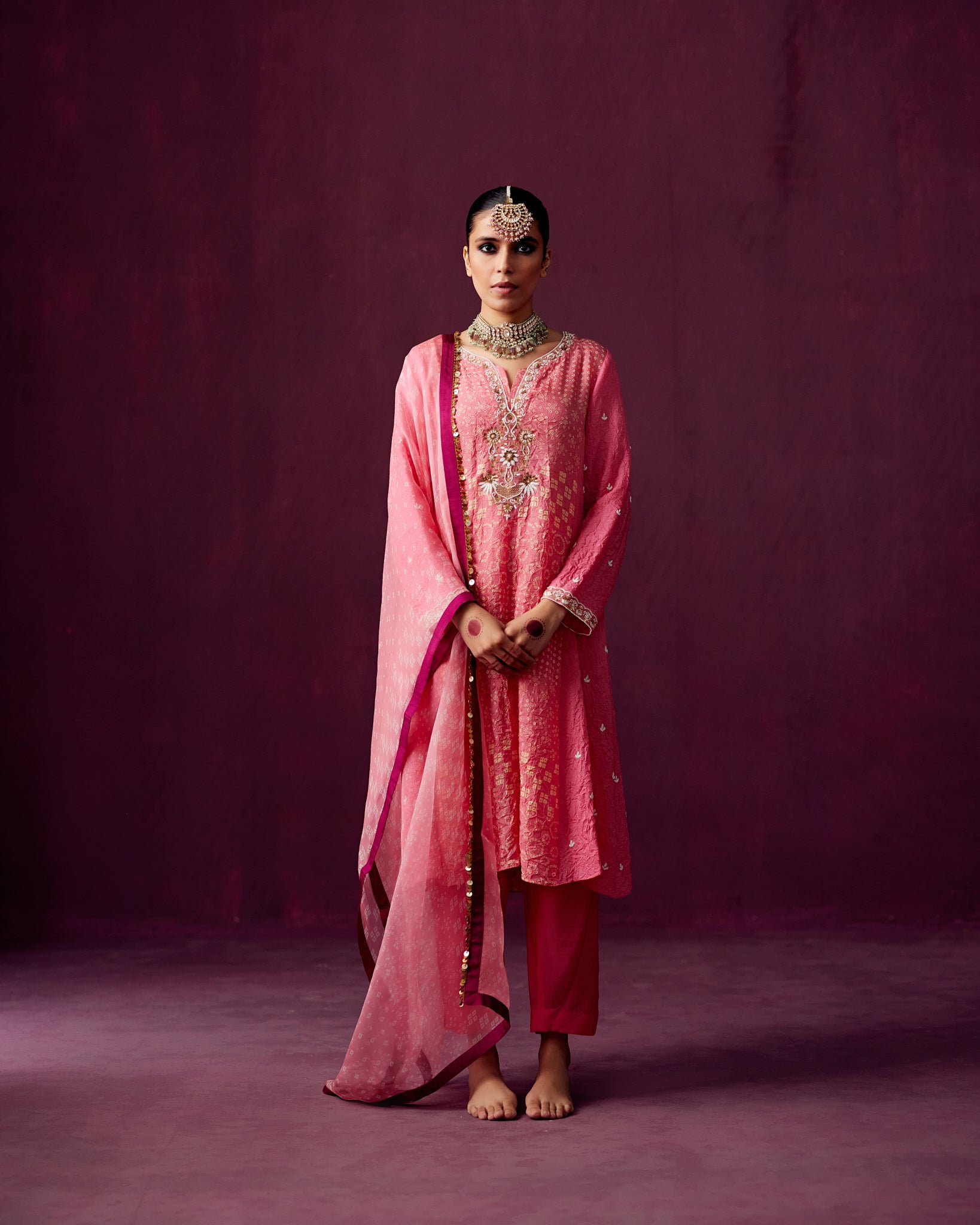 Pink Crush Silk kurta with Bandhej panel Embroidery, Pants and Bandhej print dupatta