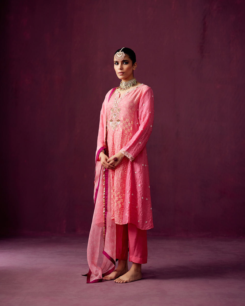 Pink Crush Silk kurta with Bandhej panel Embroidery, Pants and Bandhej print dupatta