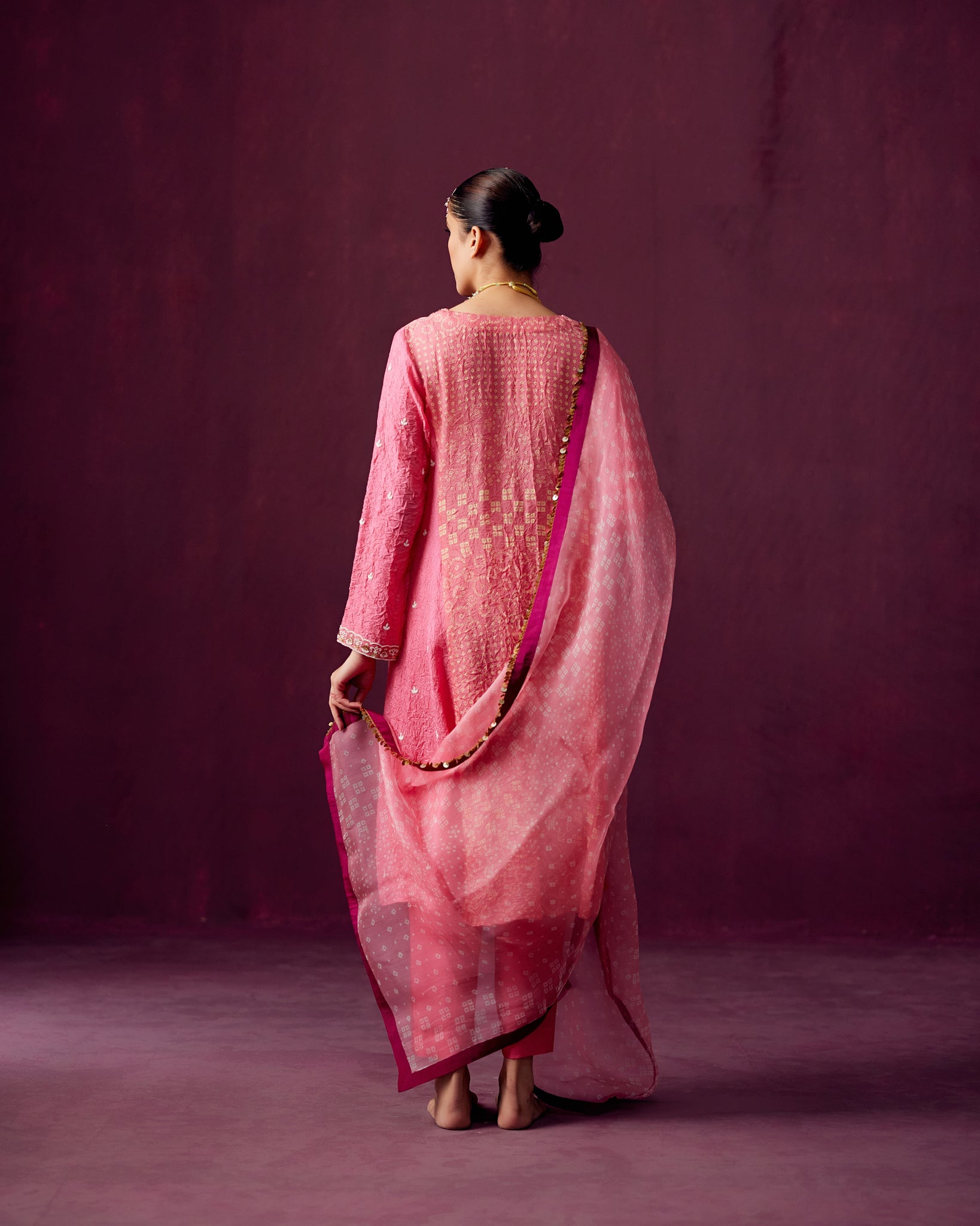 Pink Crush Silk kurta with Bandhej panel Embroidery, Pants and Bandhej print dupatta