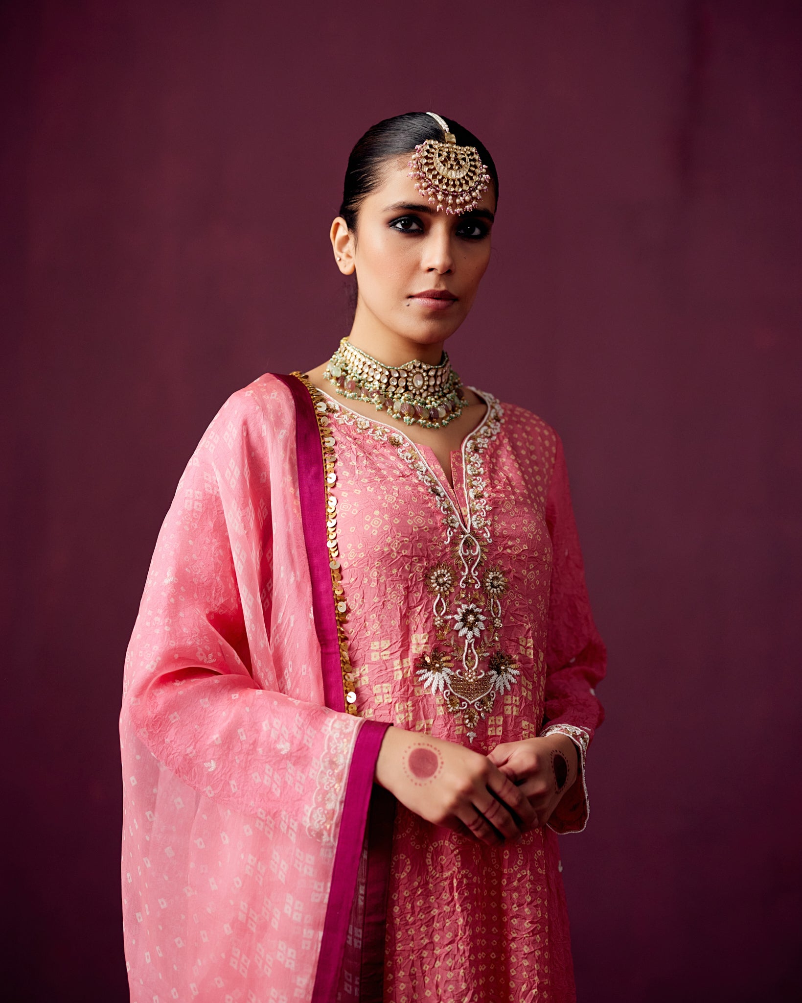 Pink Crush Silk kurta with Bandhej panel Embroidery, Pants and Bandhej print dupatta