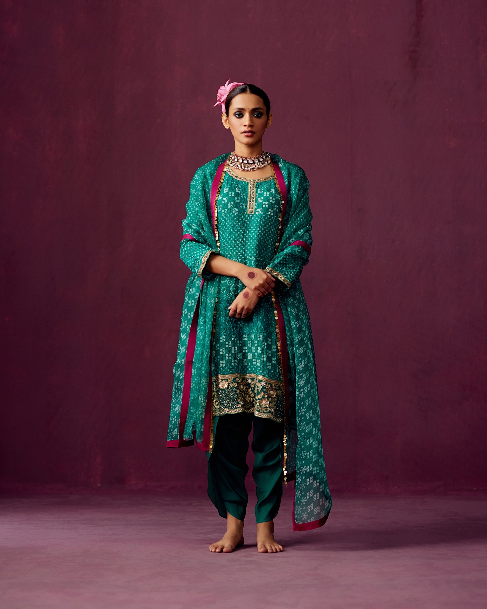 Green Crush Silk Bandhej print kurta with Embroidery, Dhoti Pants and Bandhej print dupatta