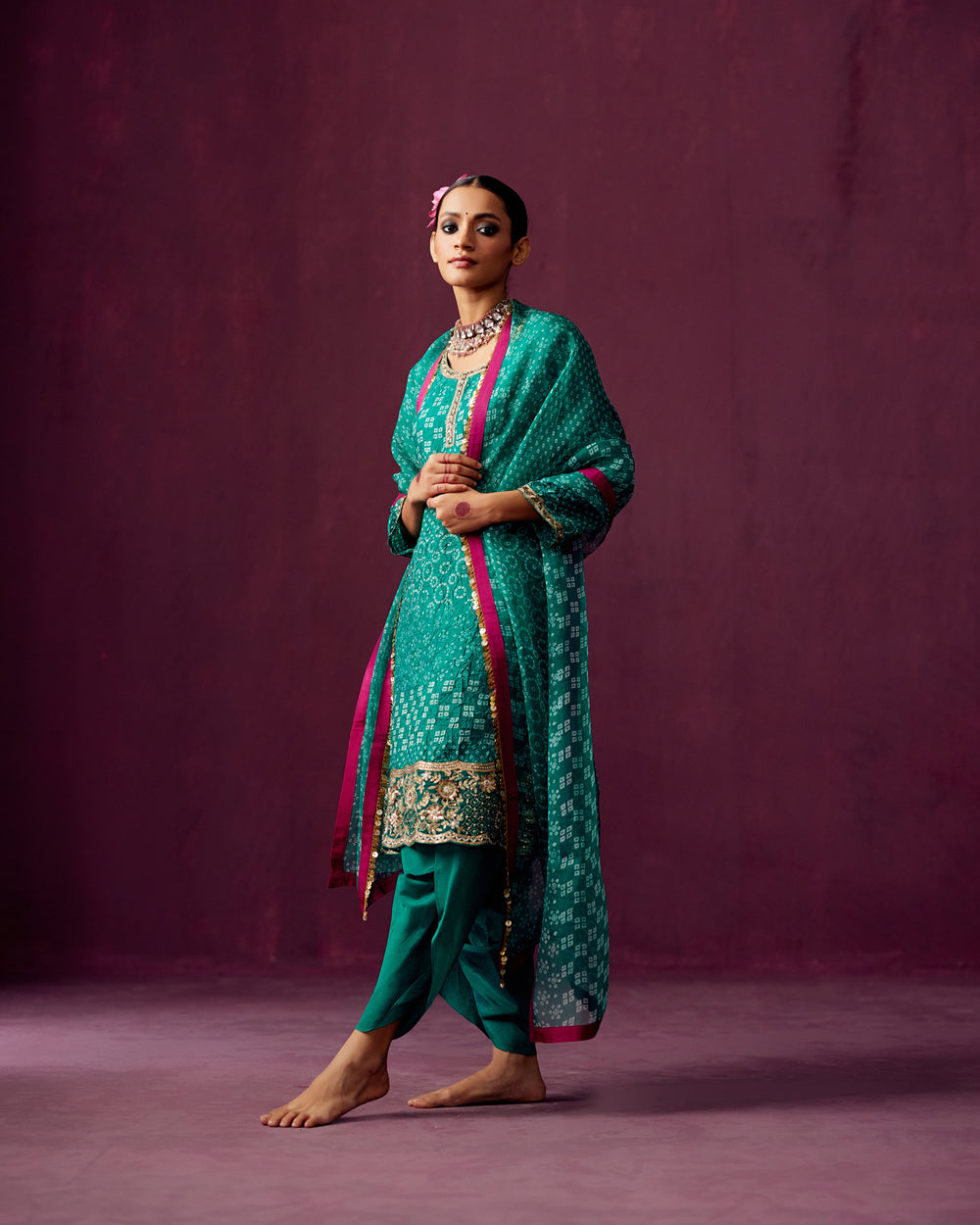 Green Crush Silk Bandhej print kurta with Embroidery, Dhoti Pants and Bandhej print dupatta