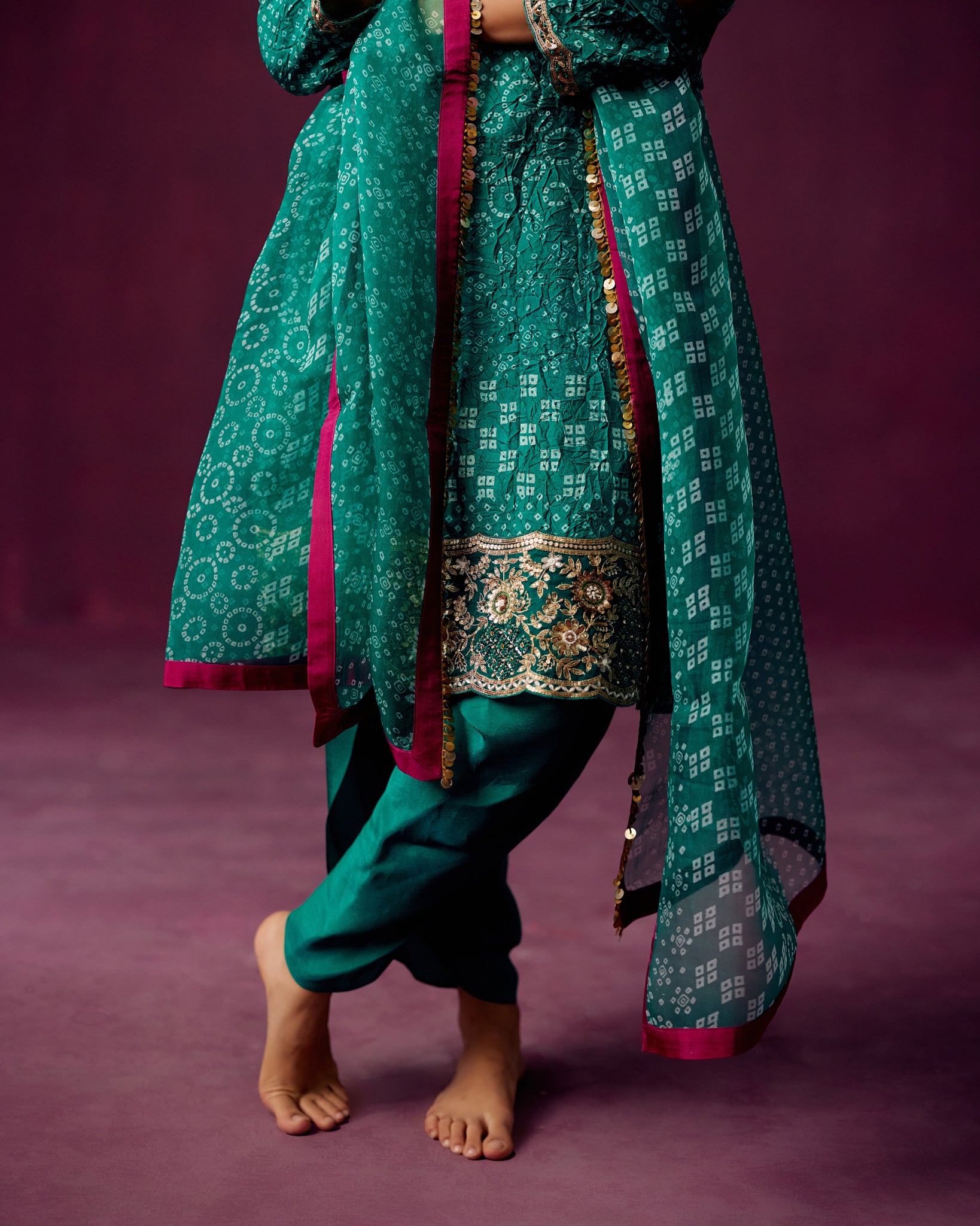 Green Crush Silk Bandhej print kurta with Embroidery, Dhoti Pants and Bandhej print dupatta