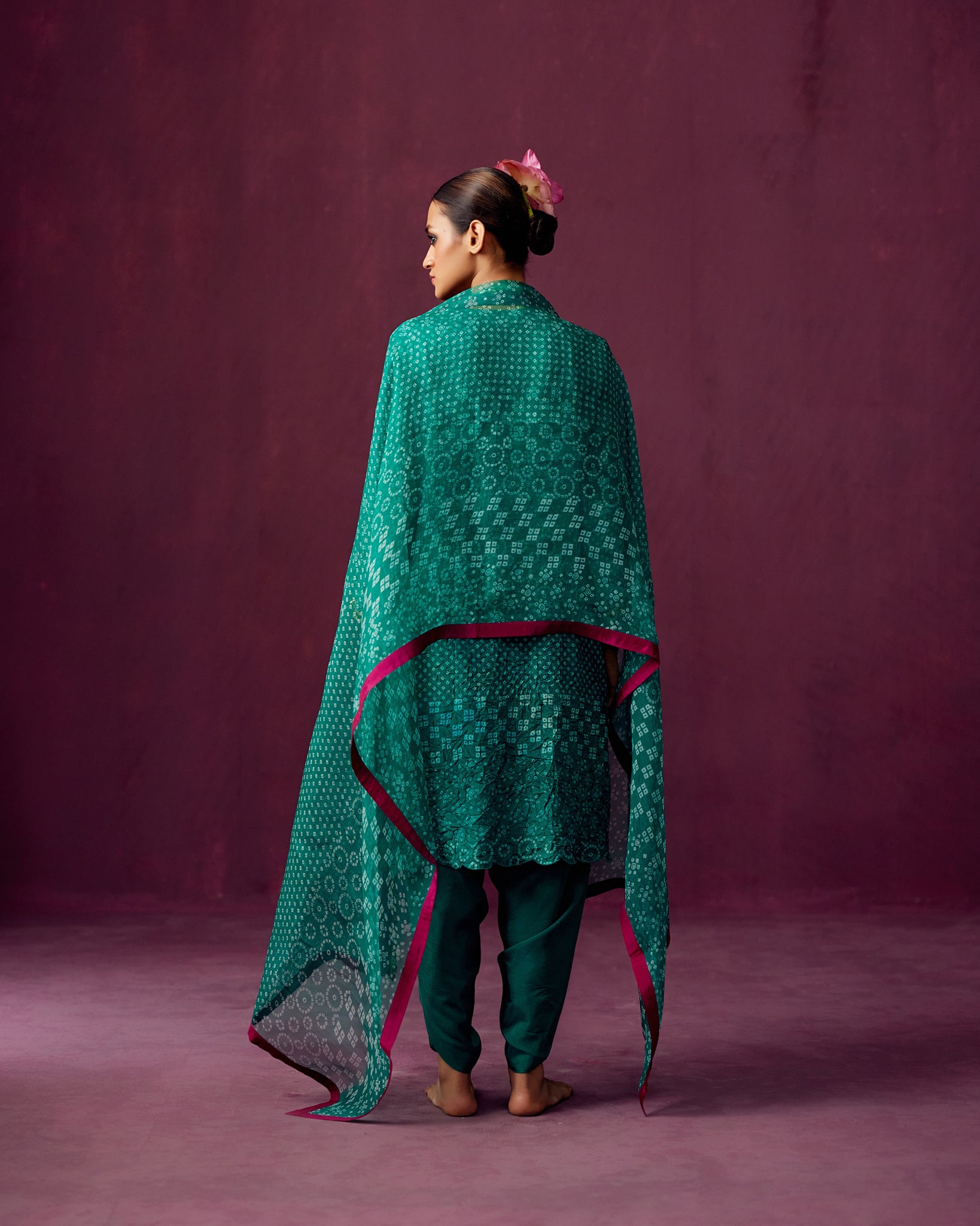 Green Crush Silk Bandhej print kurta with Embroidery, Dhoti Pants and Bandhej print dupatta