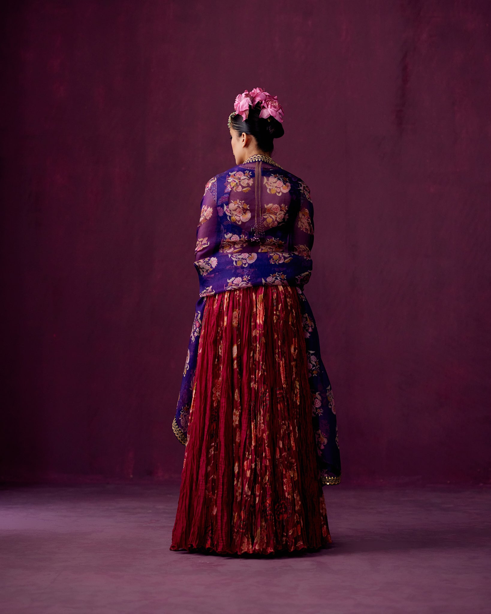 Signature Print Embroidered Blouse with Print Crushed Lehenga Skirt & Print Organza Dupatta