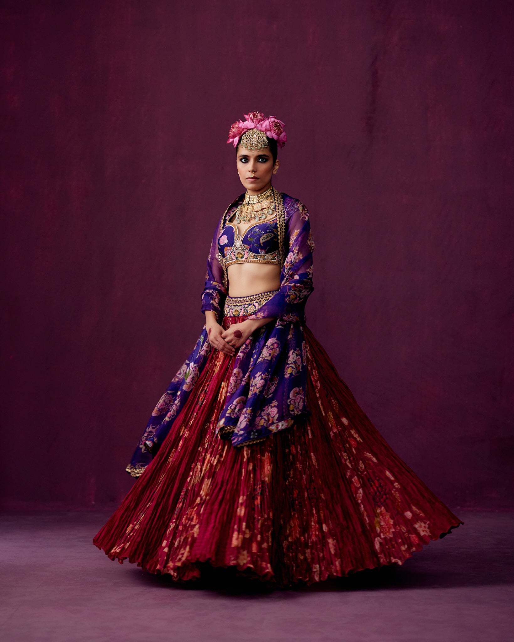 Signature Print Embroidered Blouse with Print Crushed Lehenga Skirt & Print Organza Dupatta