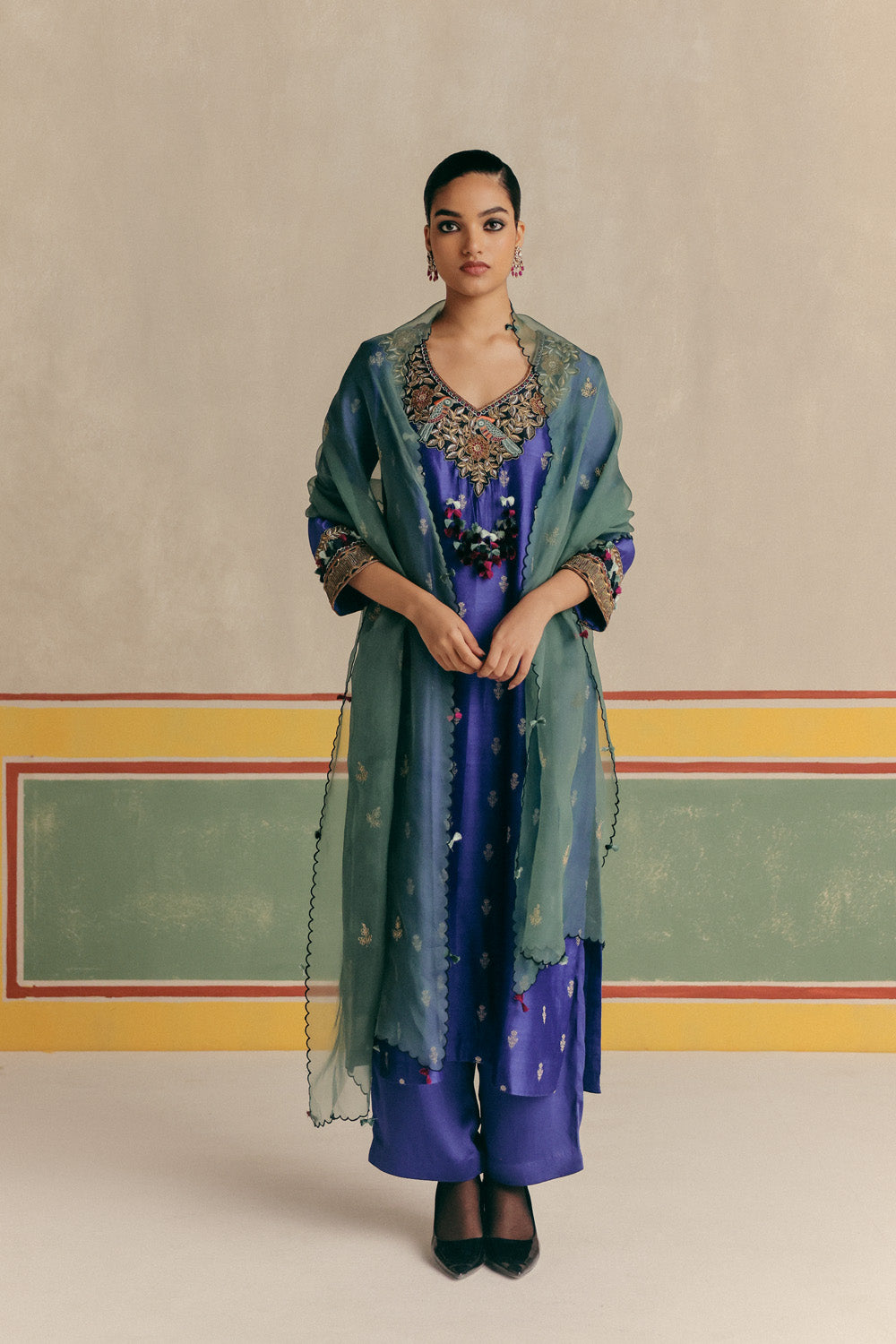 Toucan Banarsi Embroidered Kurta with pants and Organza color block dupatta