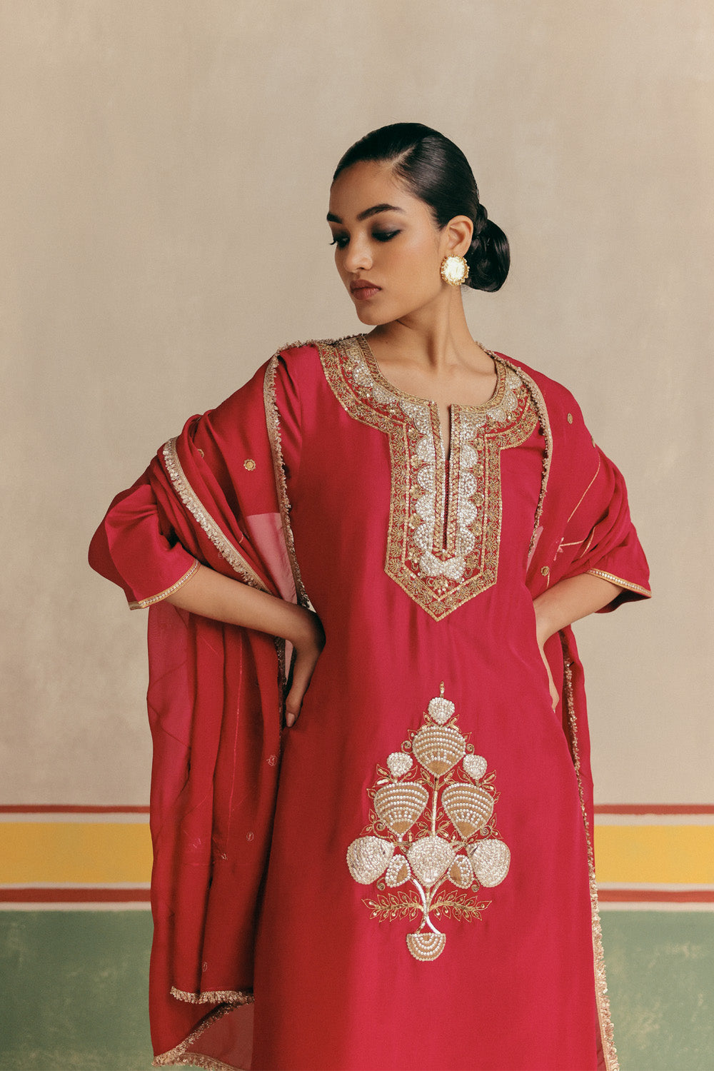 Rose Banarsi Embroidered Kurta with pants and Organza dupatta
