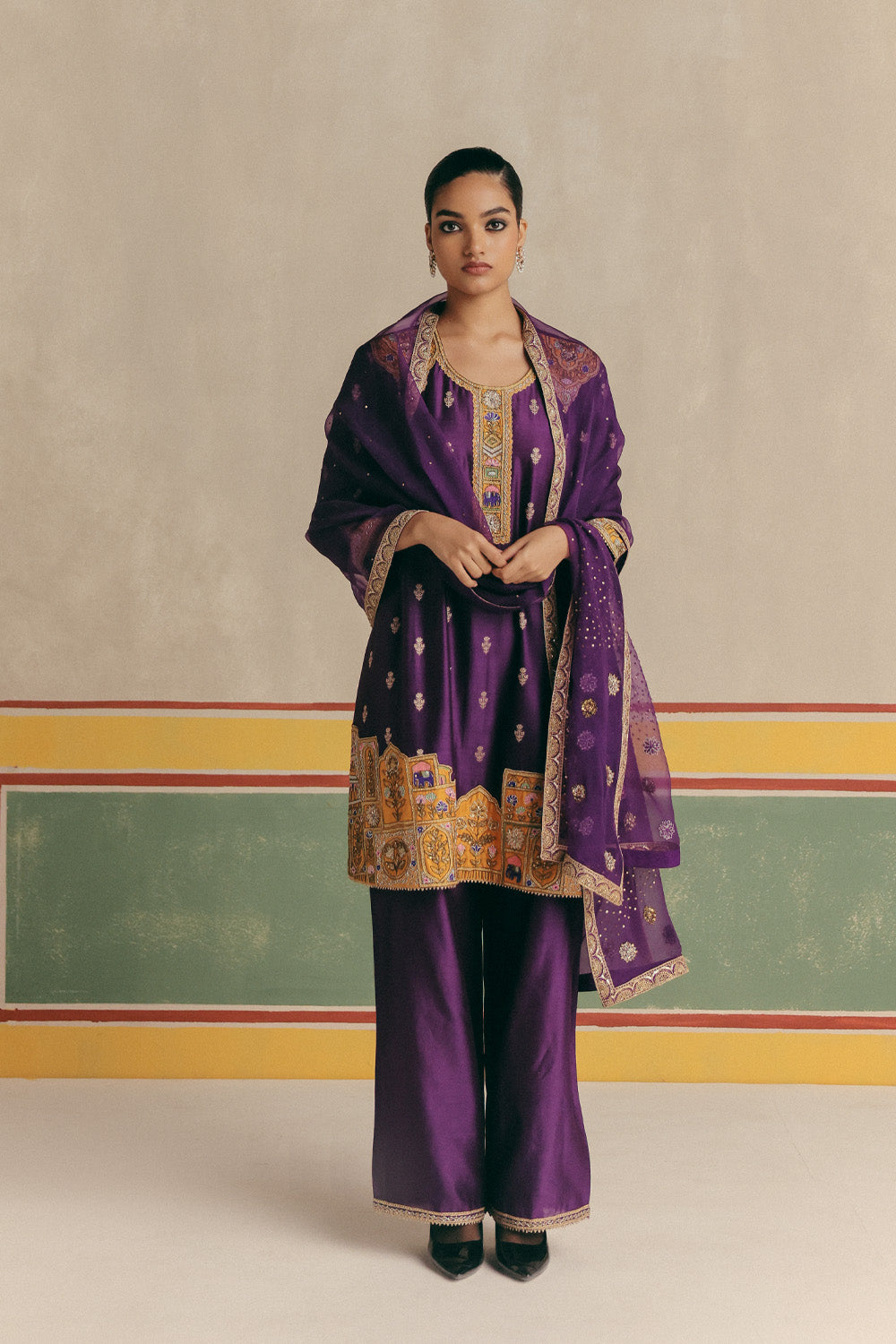 Violet Banarsi Embroidered Kurta with pants and Organza dupatta