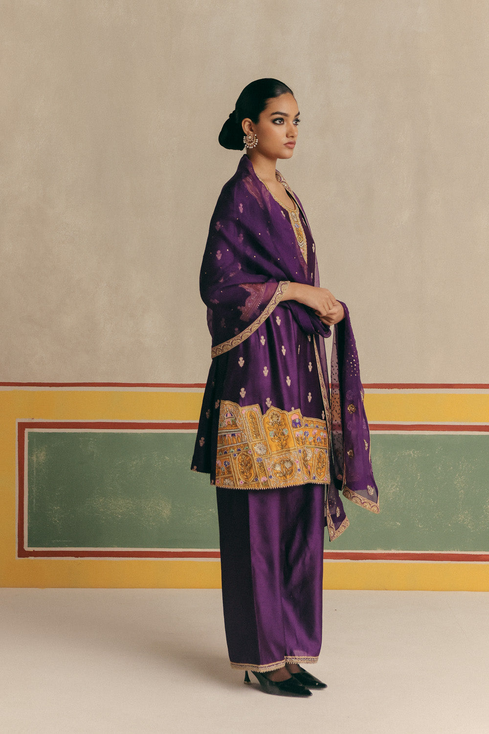 Violet Banarsi Embroidered Kurta with pants and Organza dupatta