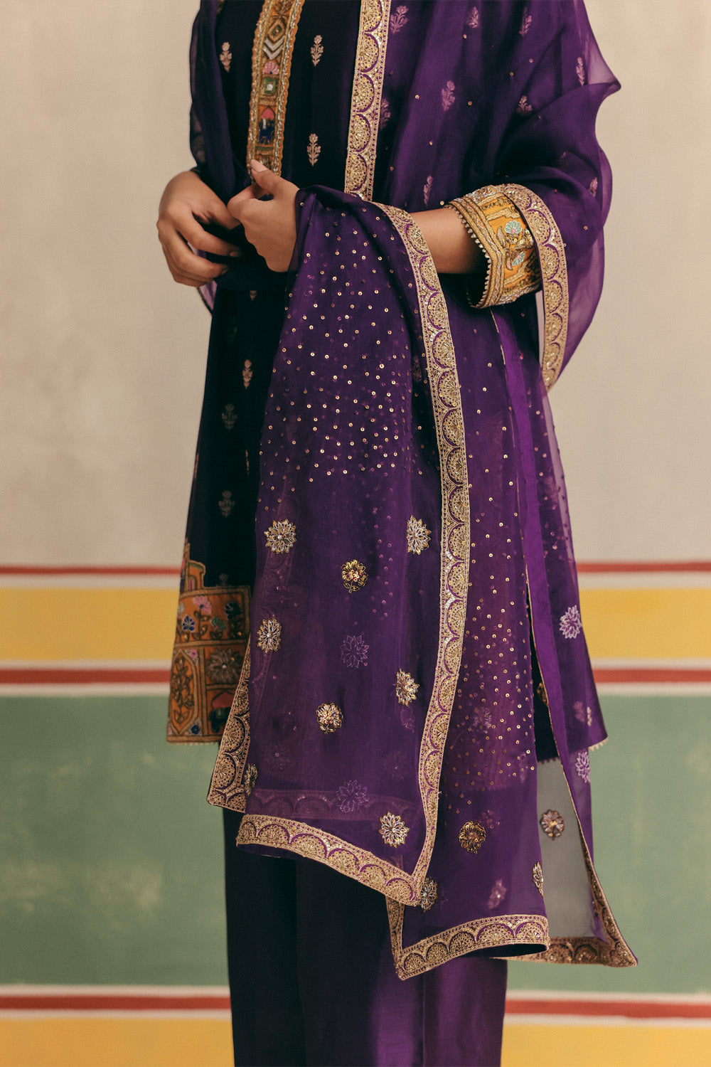 Violet Banarsi Embroidered Kurta with pants and Organza dupatta