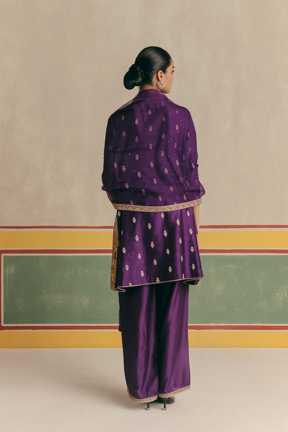 Violet Banarsi Embroidered Kurta with pants and Organza dupatta