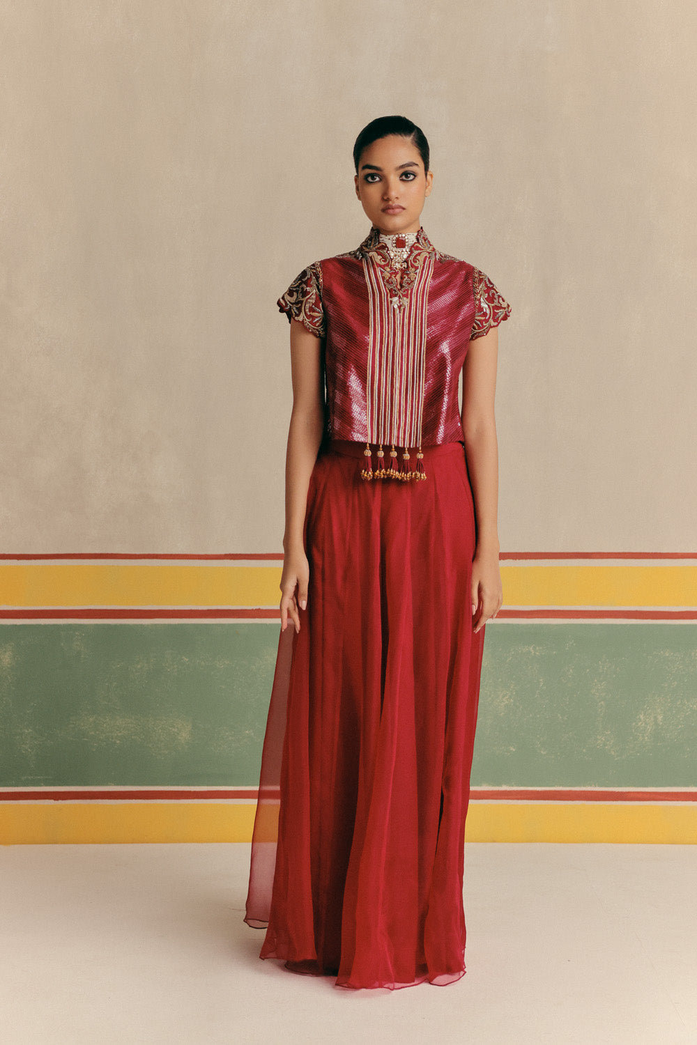 Surkh Embroidered Jacket with Organza Flare Skirt&nbsp;