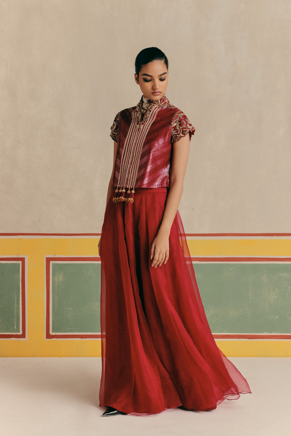 Surkh Embroidered Jacket with Organza Flare Skirt&nbsp;