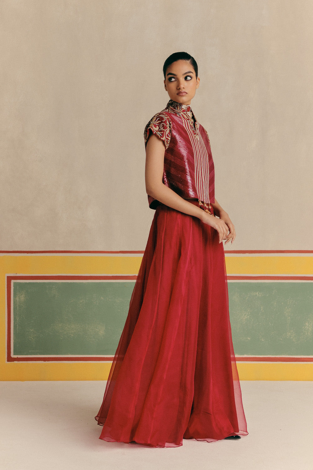 Surkh Embroidered Jacket with Organza Flare Skirt&nbsp;