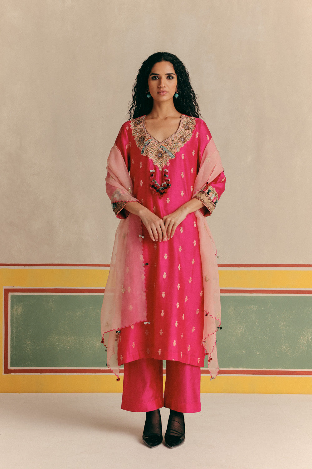 Toucan Banarsi Embroidered Kurta with pants and Organza color block dupatta (Copy)