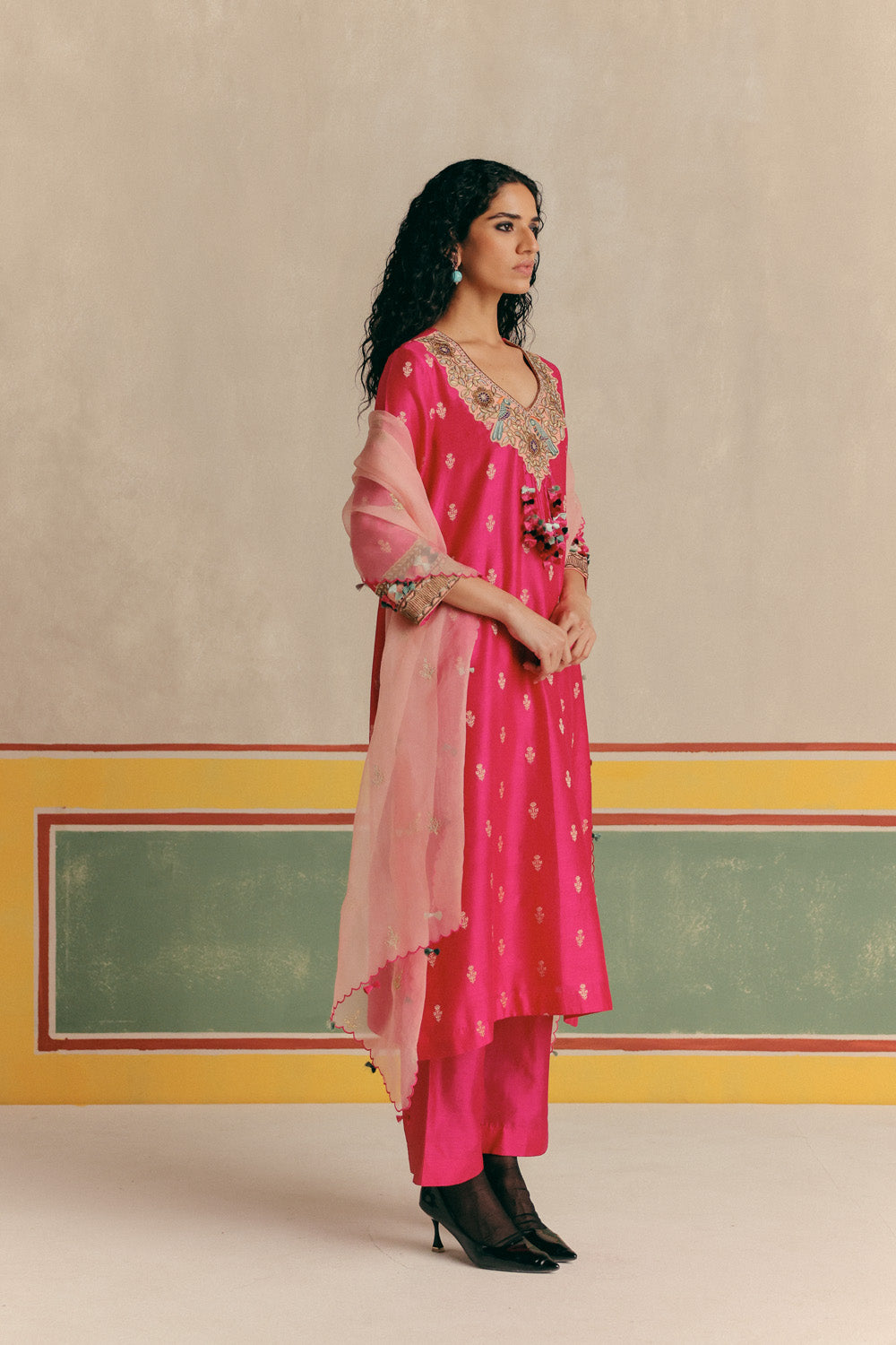 Toucan Banarsi Embroidered Kurta with pants and Organza color block dupatta (Copy)
