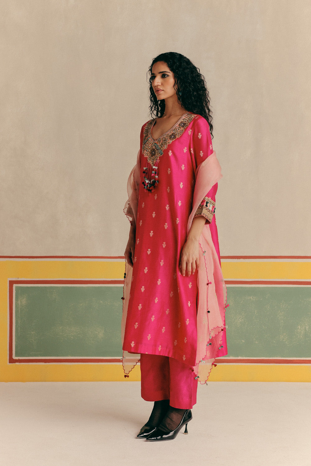 Toucan Banarsi Embroidered Kurta with pants and Organza color block dupatta (Copy)