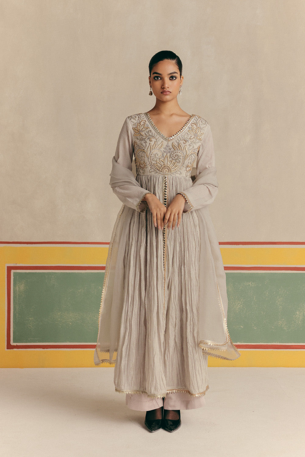Silver Grey Crush flare Anarkali