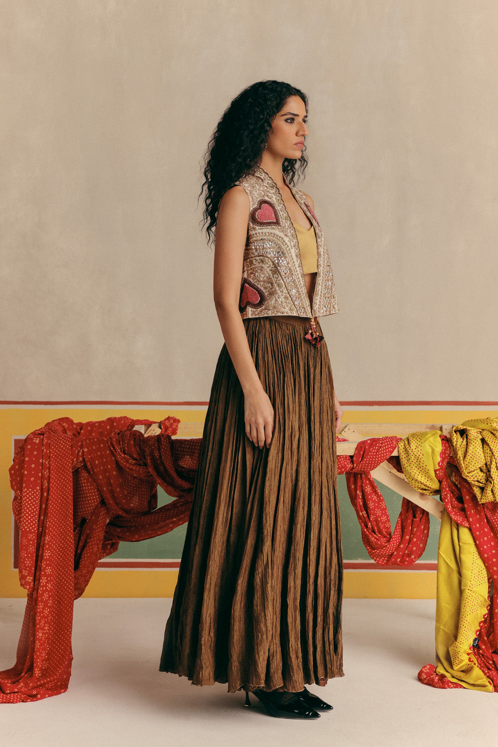 Copper pink Embroidered Jacket with Tissue Bustier &amp; Skirt