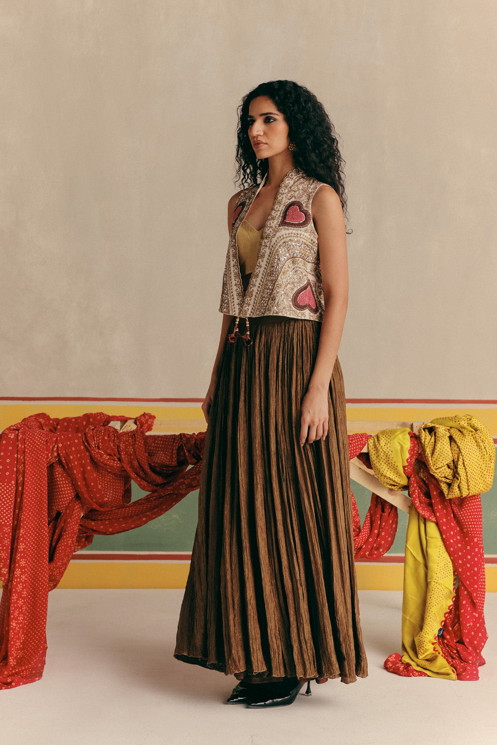 Copper pink Embroidered Jacket with Tissue Bustier &amp; Skirt