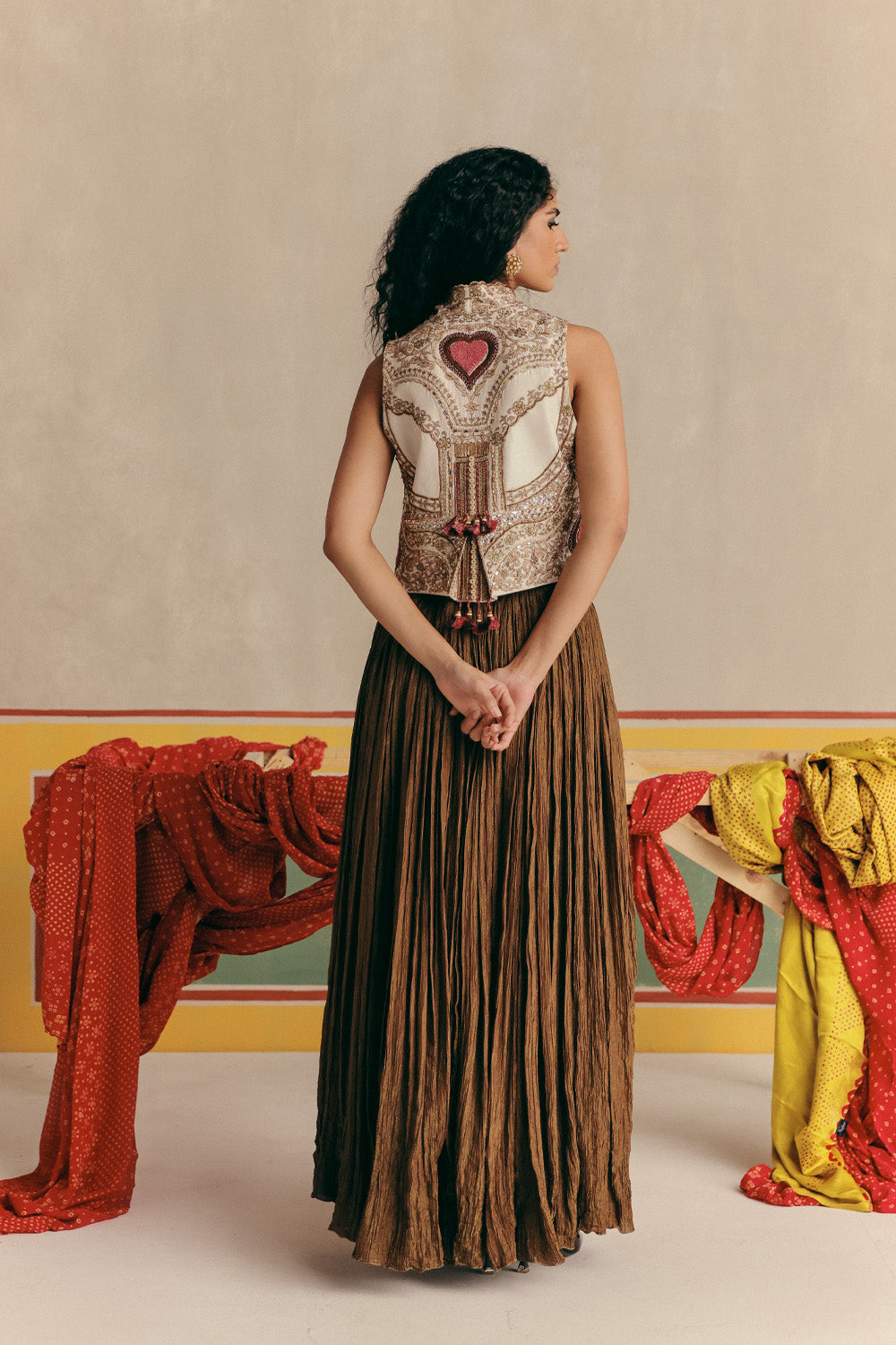 Copper pink Embroidered Jacket with Tissue Bustier &amp; Skirt