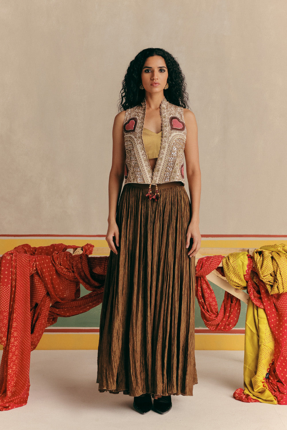 Copper pink Embroidered Jacket with Tissue Bustier &amp; Skirt