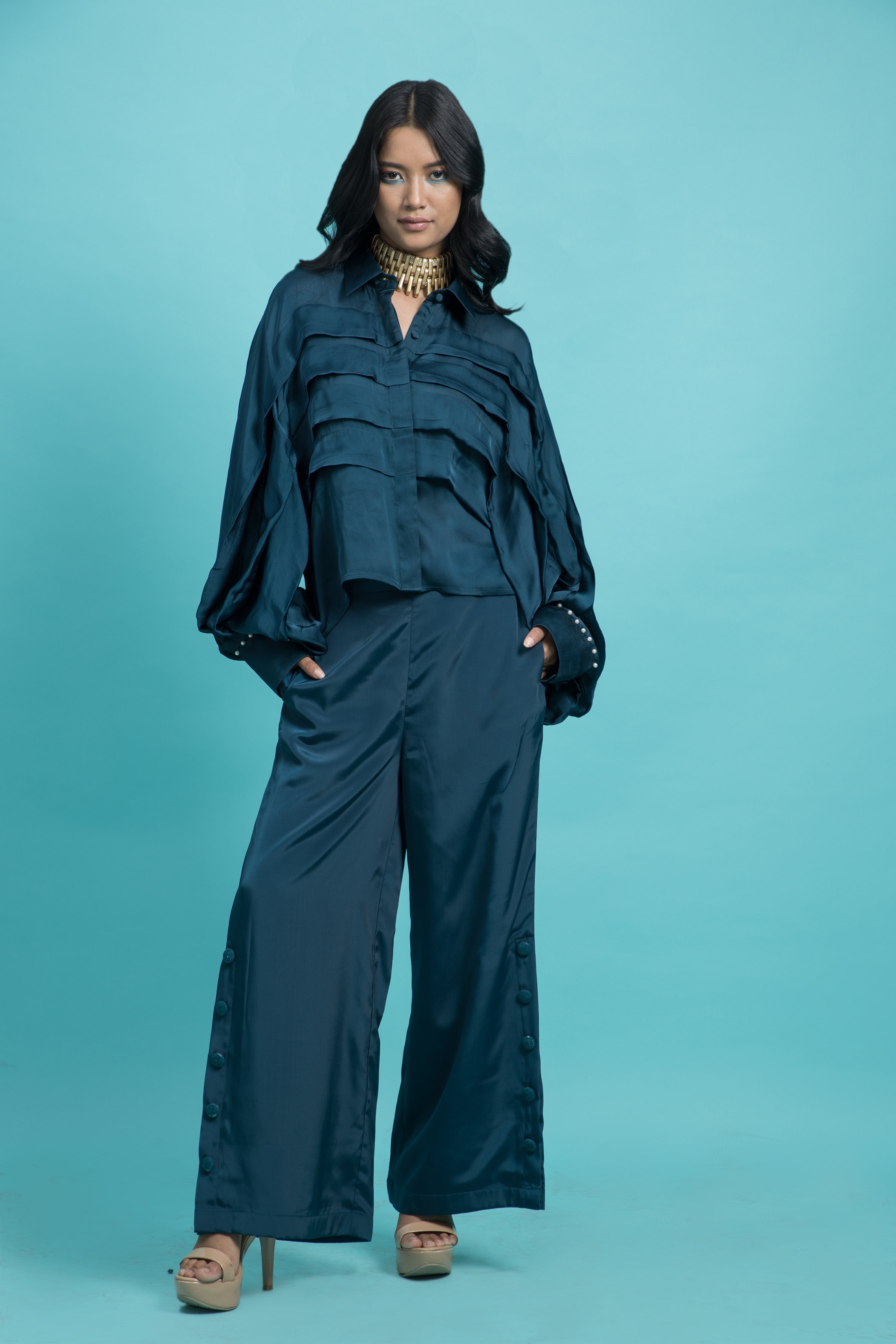 Blue grey Pleated shirt with Pearl details and Pants