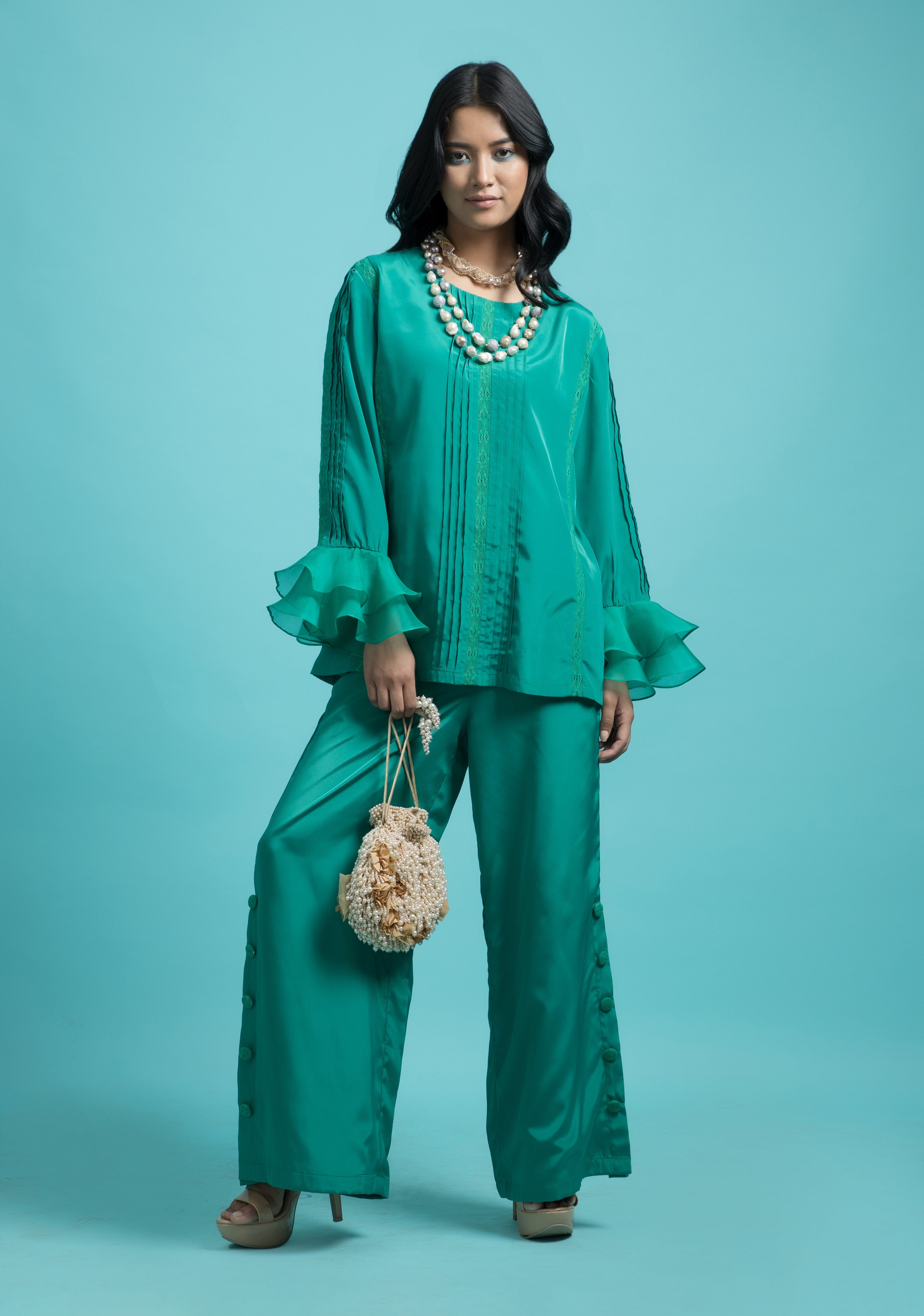 Green Pleated shirt with Ruffle details and Pants