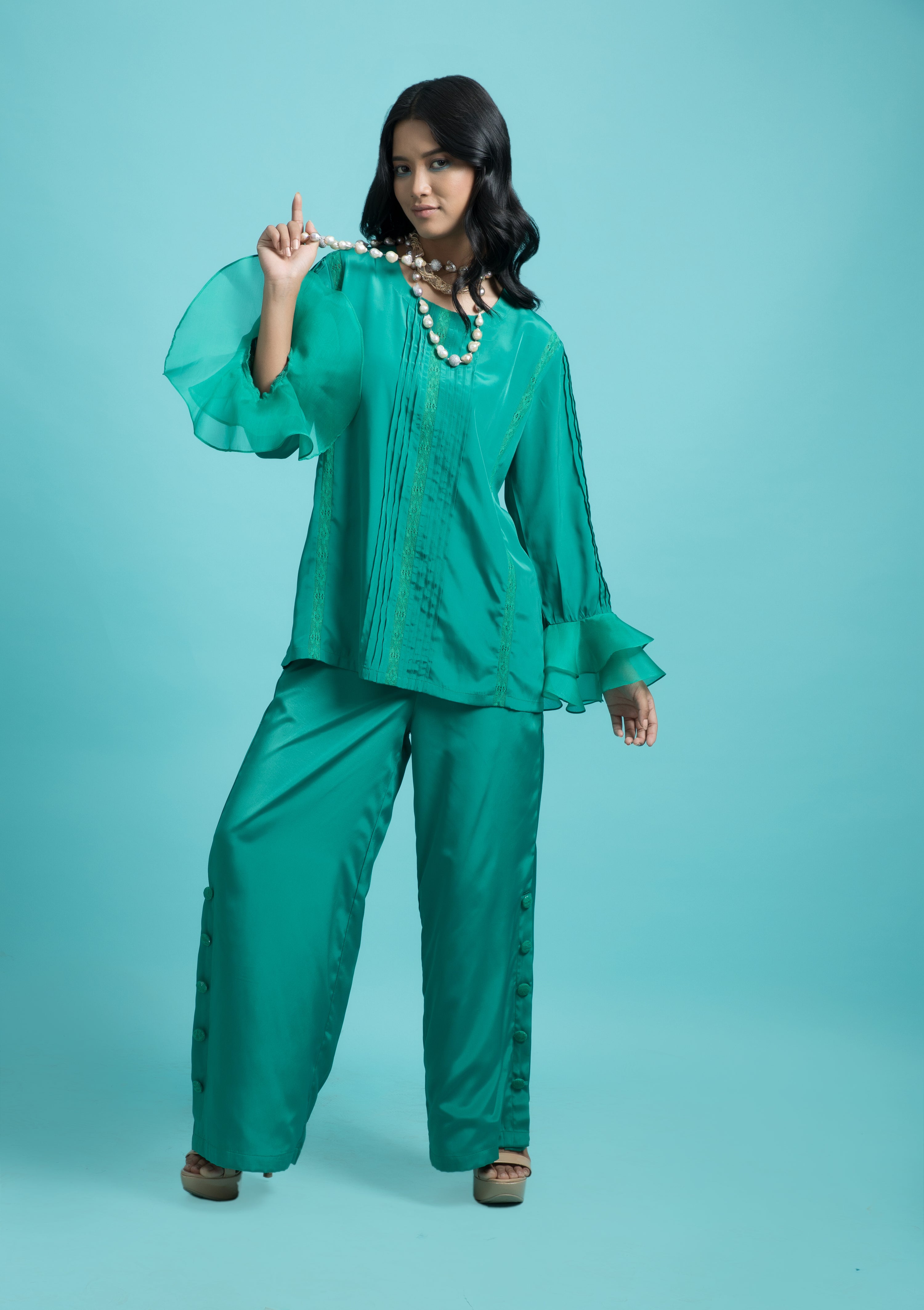 Green Pleated shirt with Ruffle details and Pants