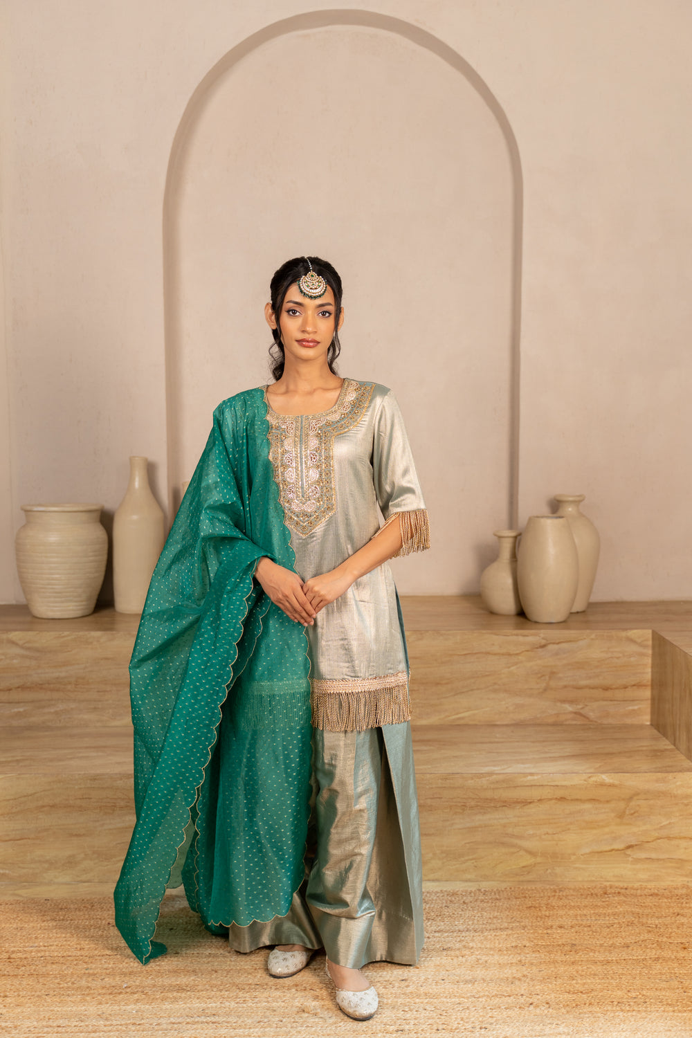 Gota Zari Yoke Twill kurta , Flared Salwar Pants & Banarasi Organza Dupatta