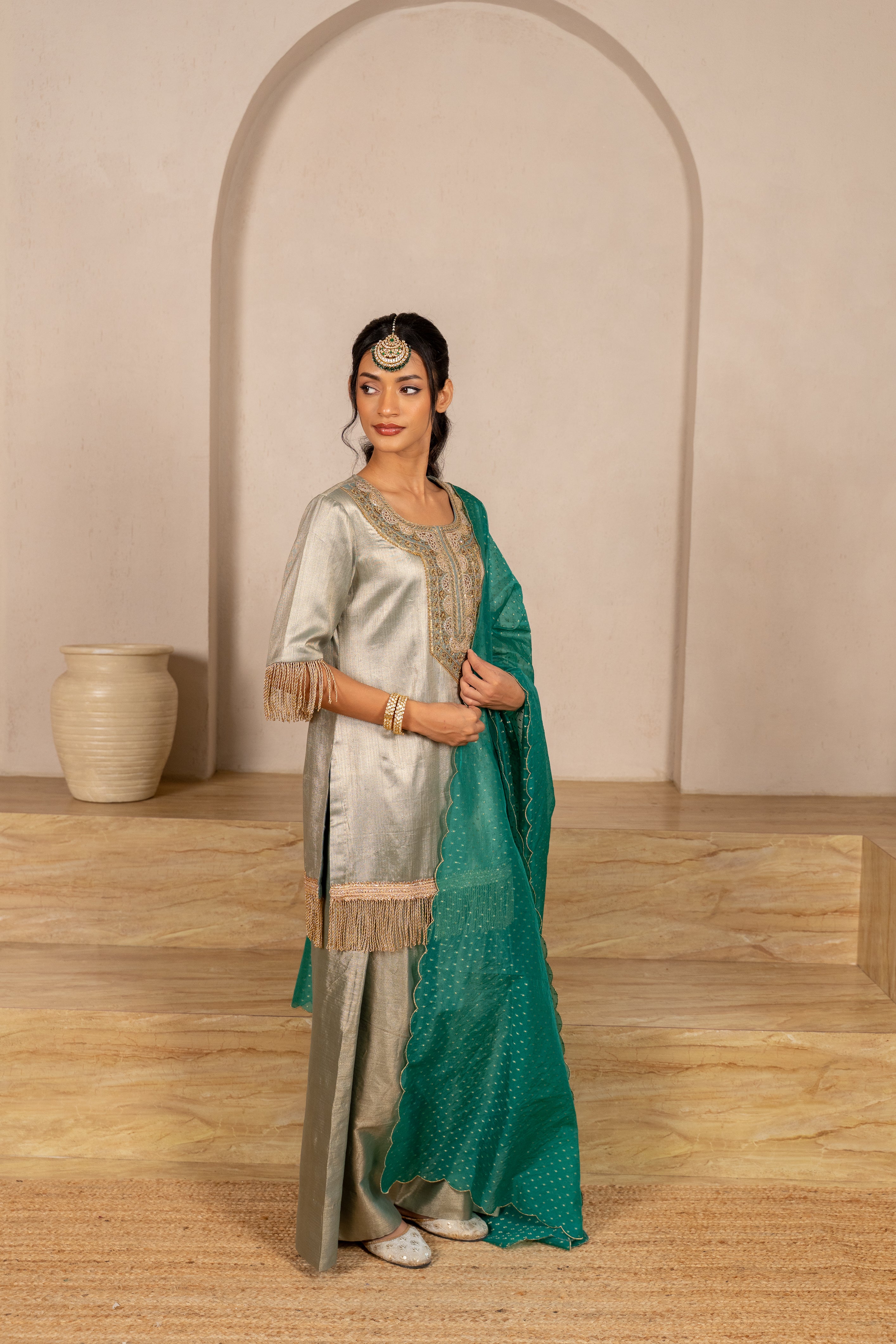 Gota Zari Yoke Twill kurta , Flared Salwar Pants & Banarasi Organza Dupatta
