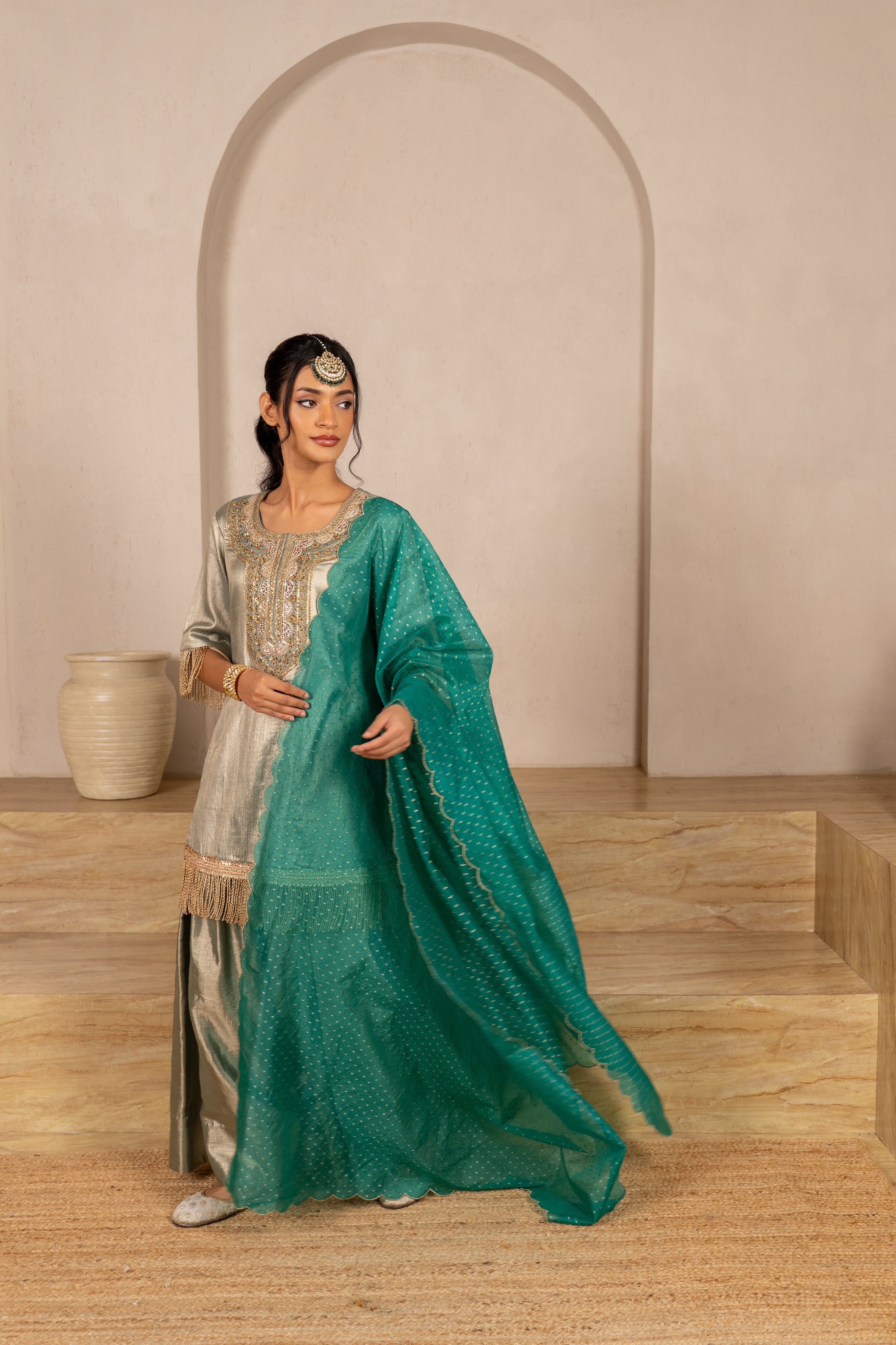 Gota Zari Yoke Twill kurta , Flared Salwar Pants & Banarasi Organza Dupatta