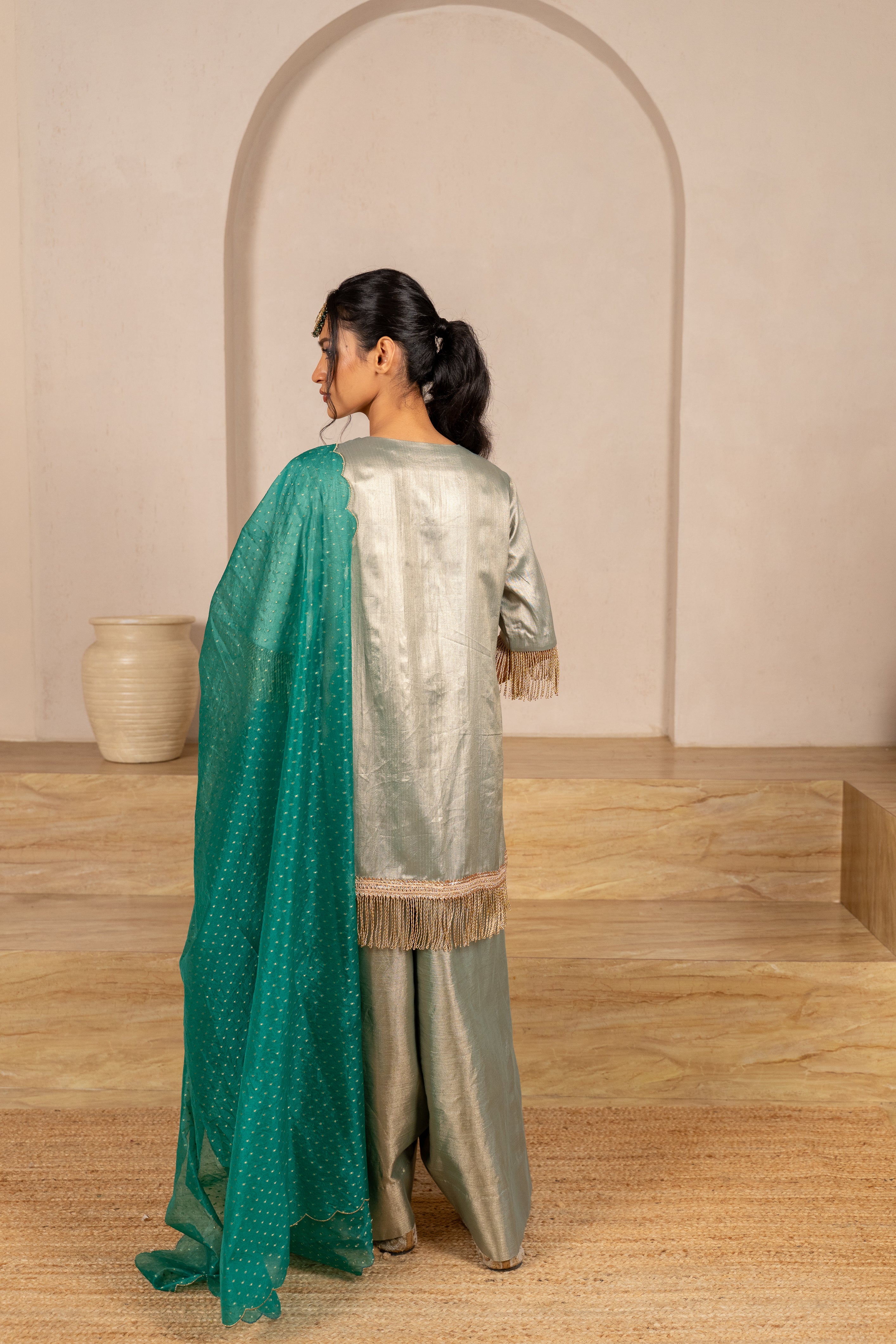 Gota Zari Yoke Twill kurta , Flared Salwar Pants & Banarasi Organza Dupatta