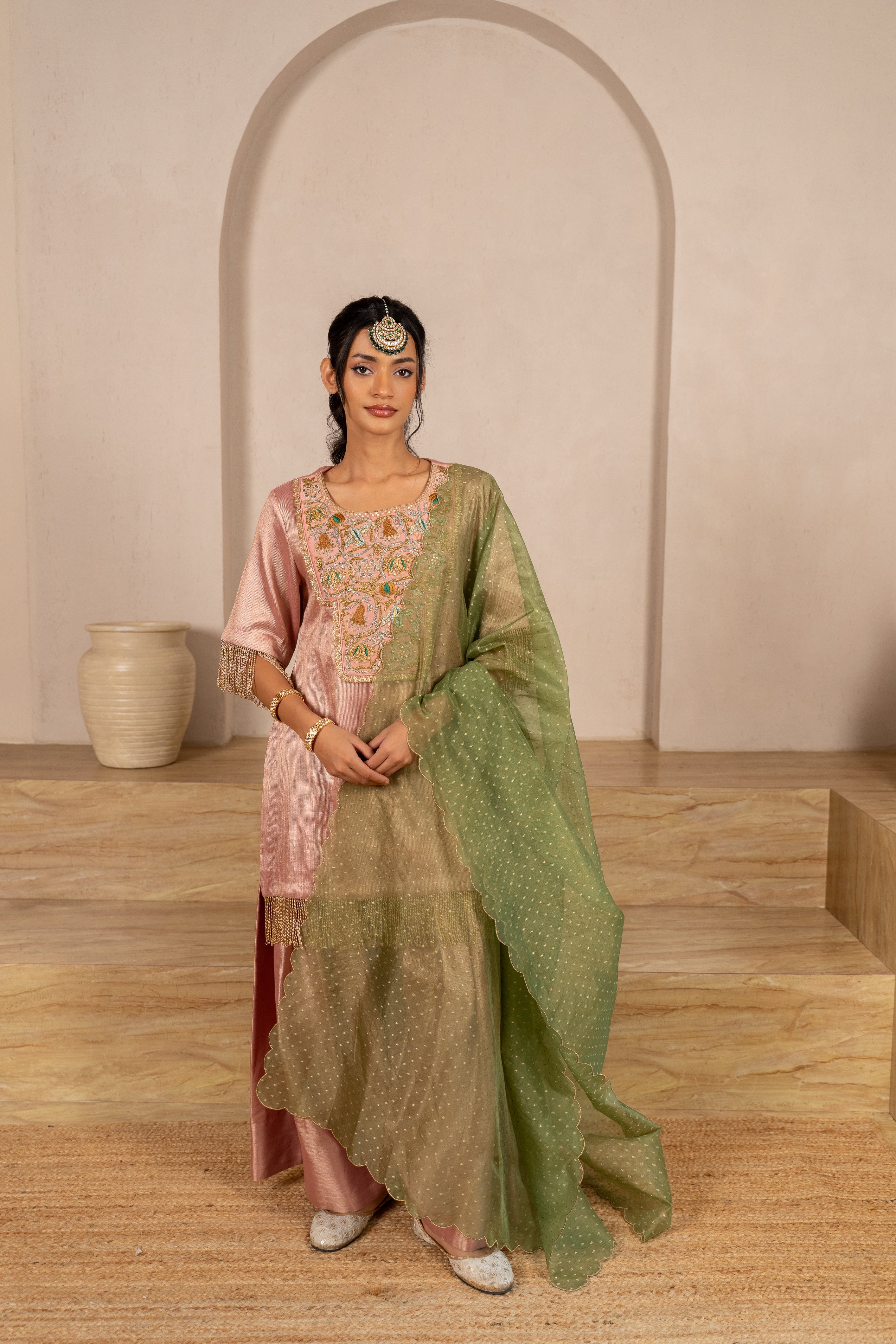 Gota Zari Yoke Twill kurta , Flared Salwar Pants & Banarasi Organza Dupatta
