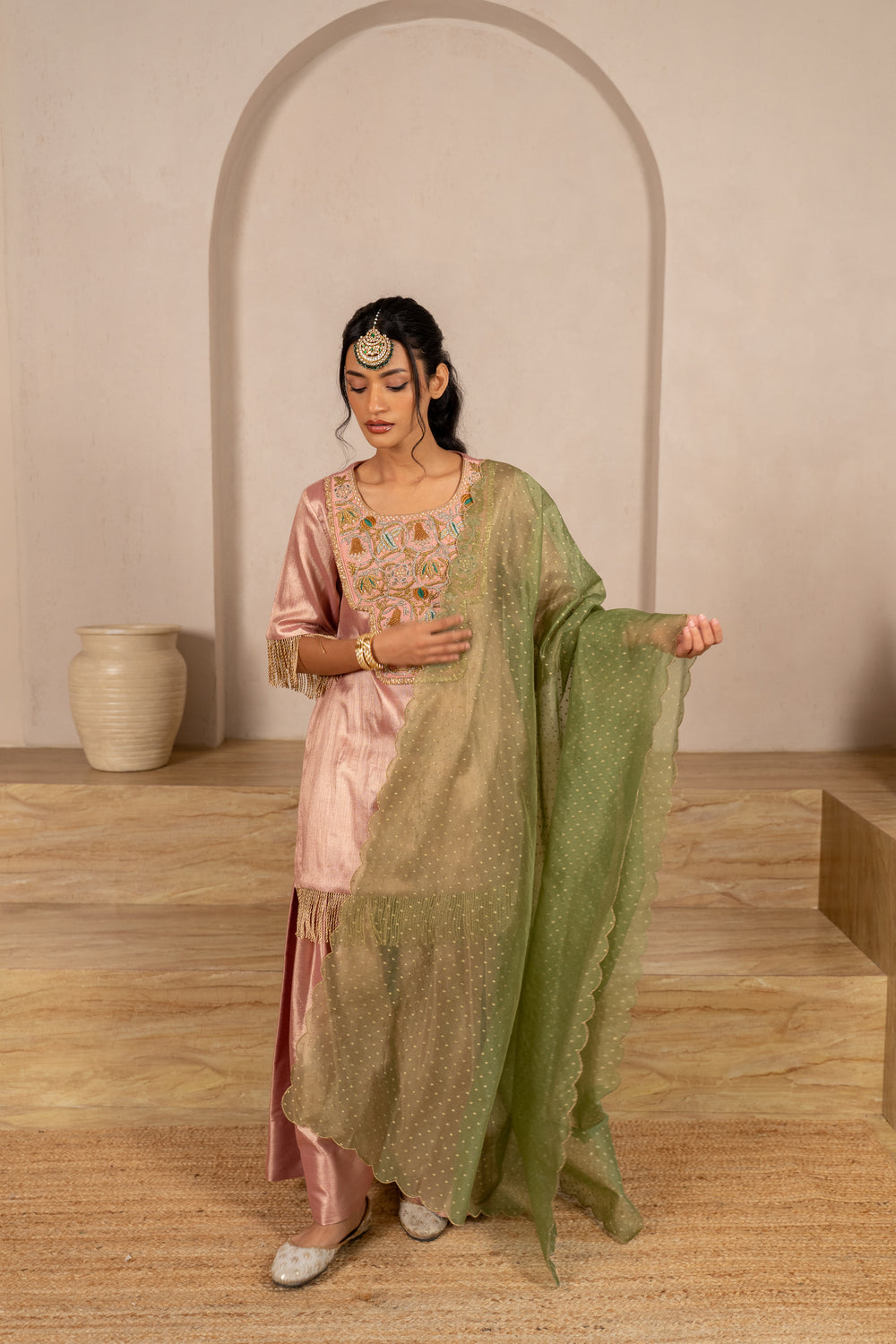 Gota Zari Yoke Twill kurta , Flared Salwar Pants & Banarasi Organza Dupatta