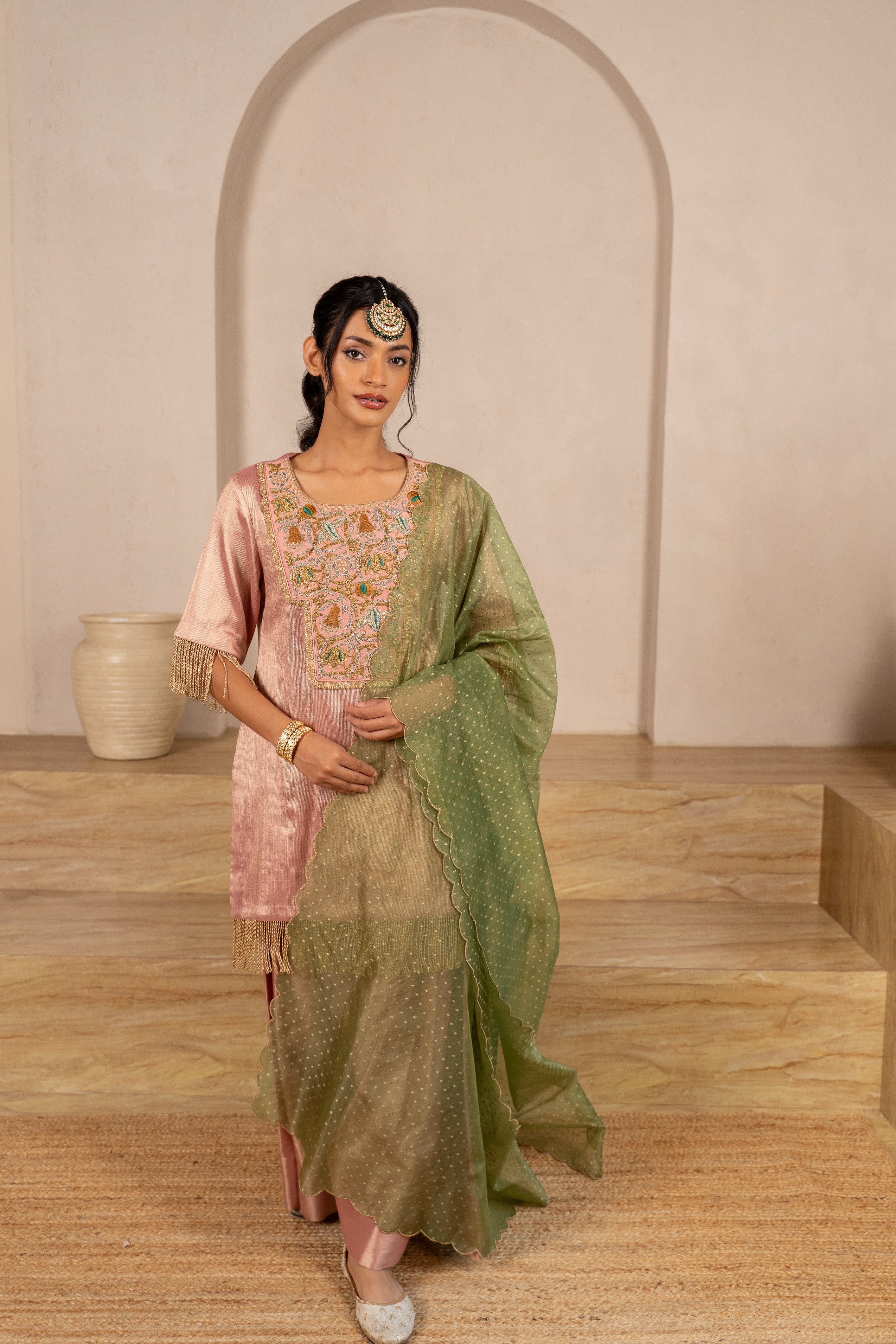 Gota Zari Yoke Twill kurta , Flared Salwar Pants & Banarasi Organza Dupatta