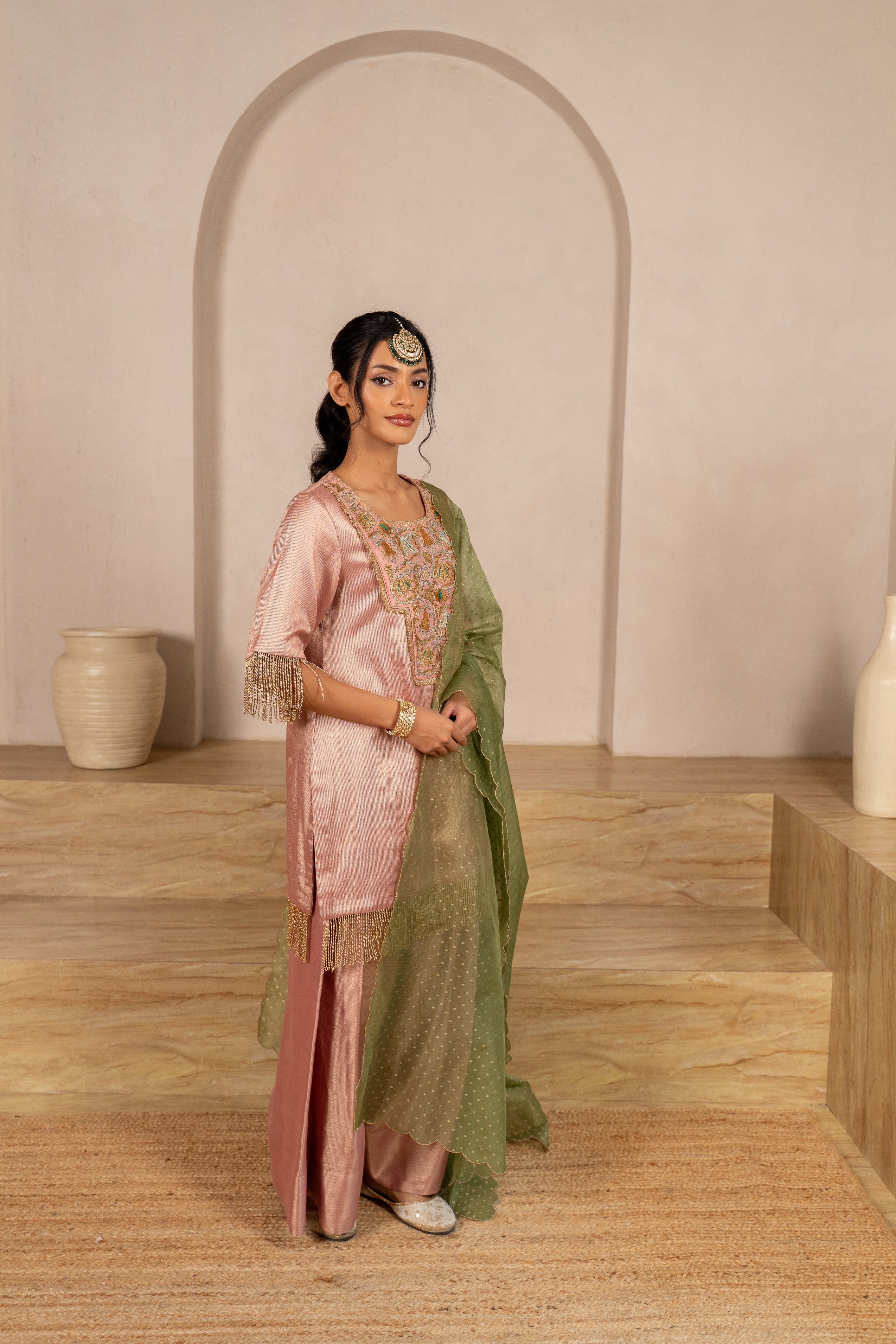 Gota Zari Yoke Twill kurta , Flared Salwar Pants & Banarasi Organza Dupatta