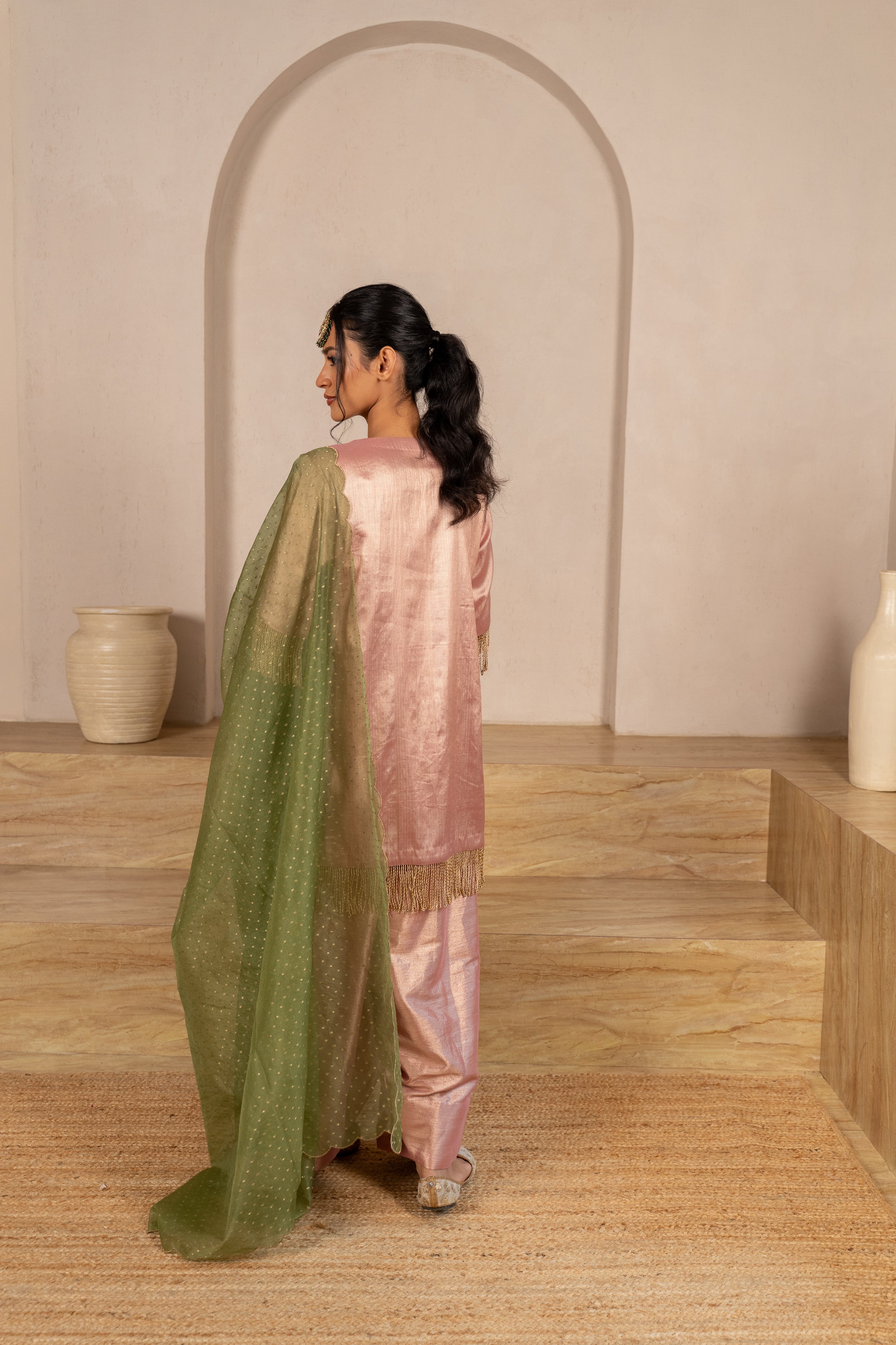 Gota Zari Yoke Twill kurta , Flared Salwar Pants & Banarasi Organza Dupatta