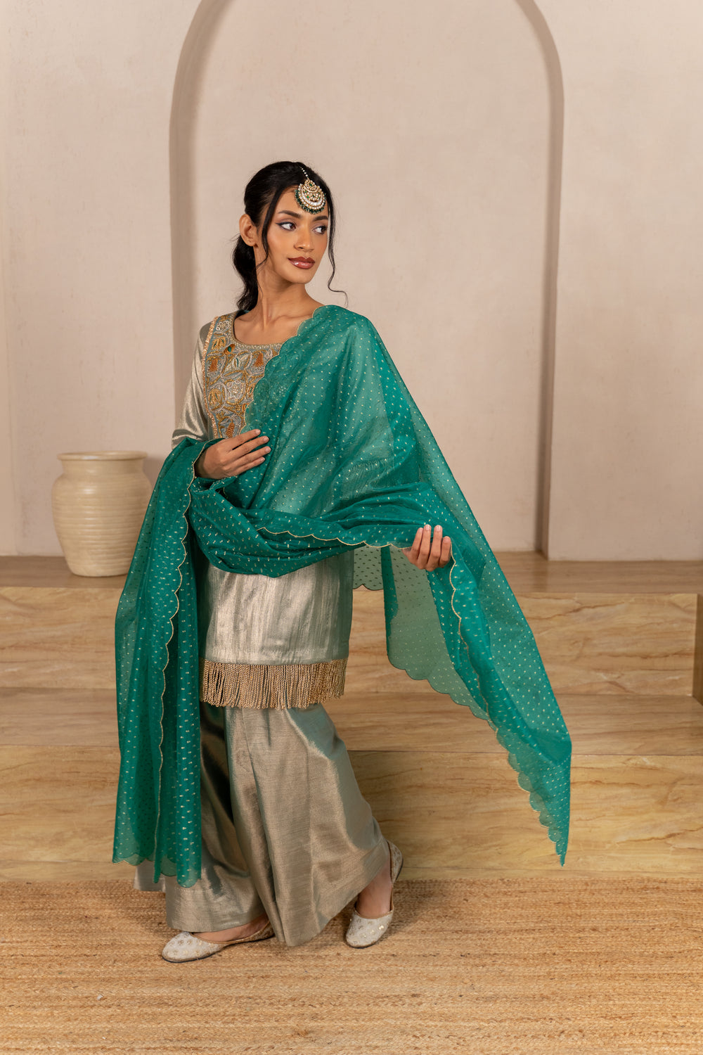 Gota Zari Yoke Twill kurta , Flared Salwar Pants & Banarasi Organza Dupatta