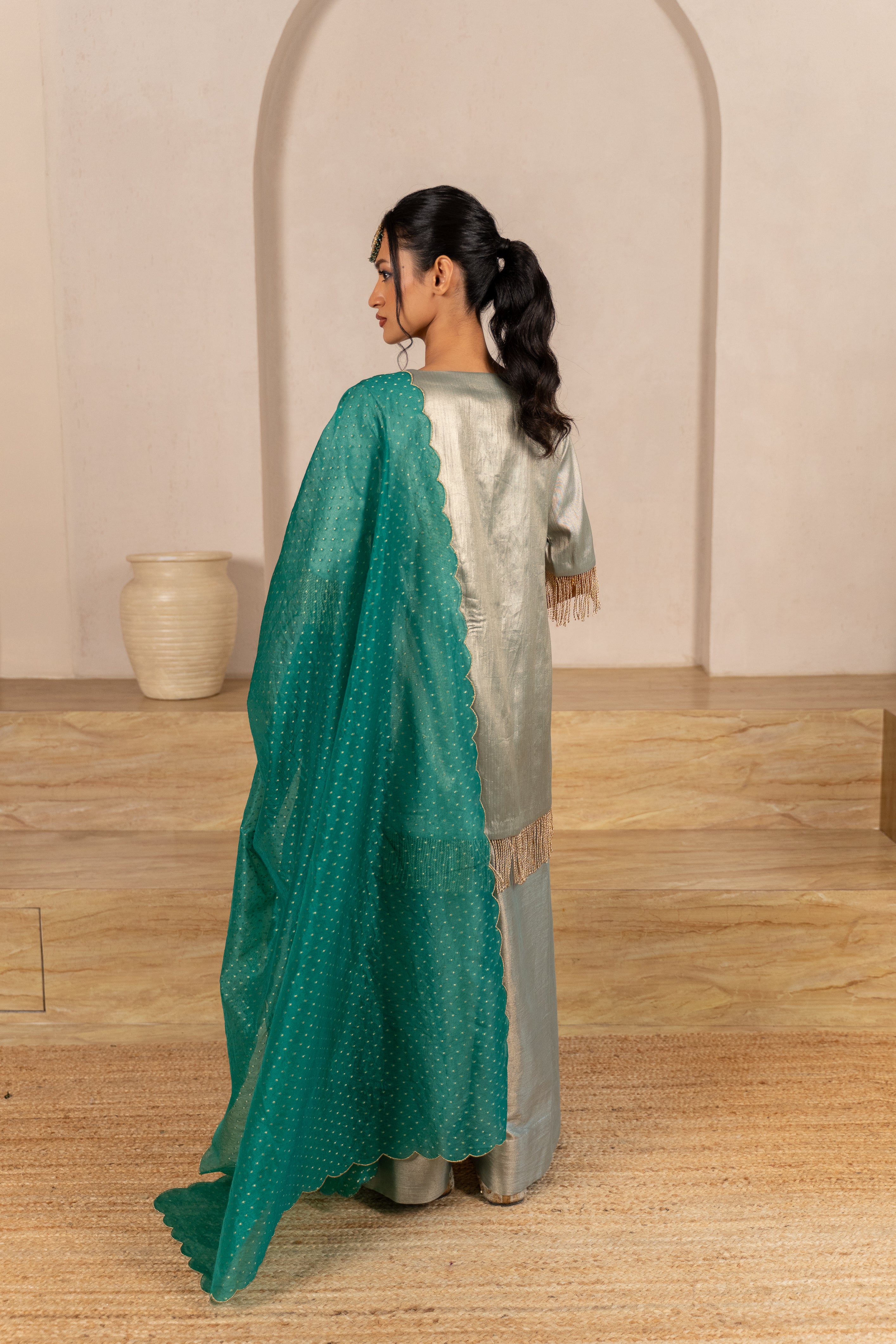 Gota Zari Yoke Twill kurta , Flared Salwar Pants & Banarasi Organza Dupatta