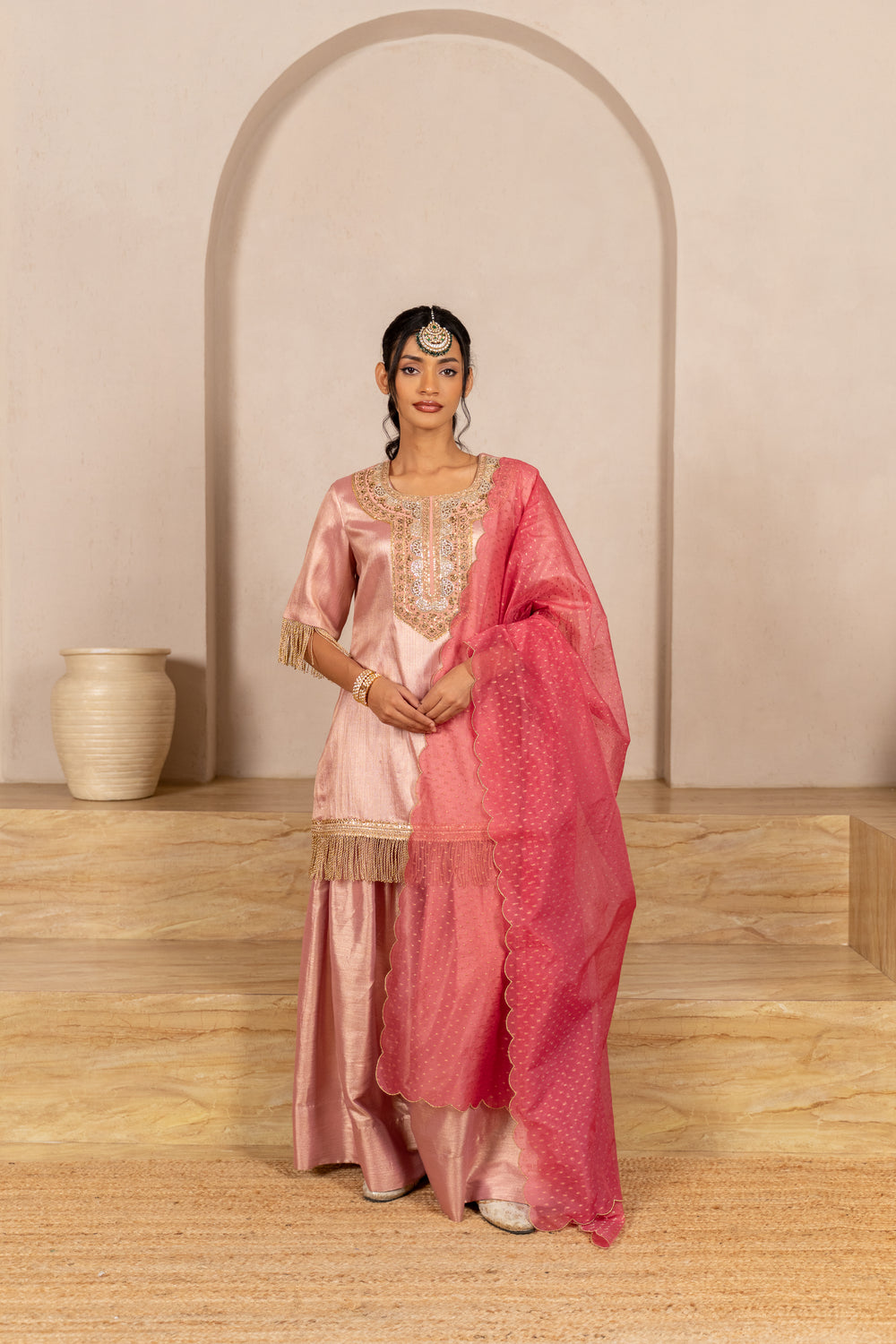 Gota Zari Yoke Twill kurta , Flared Salwar Pants & Banarasi Organza Dupatta