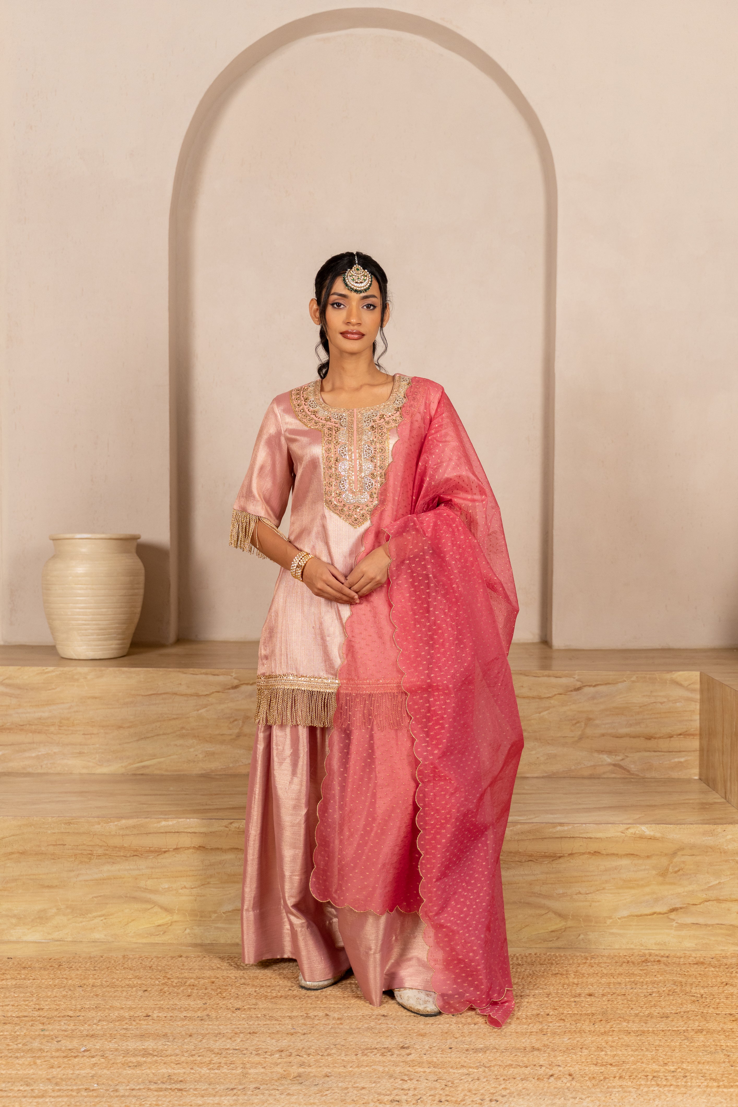 Gota Zari Yoke Twill kurta , Flared Salwar Pants & Banarasi Organza Dupatta