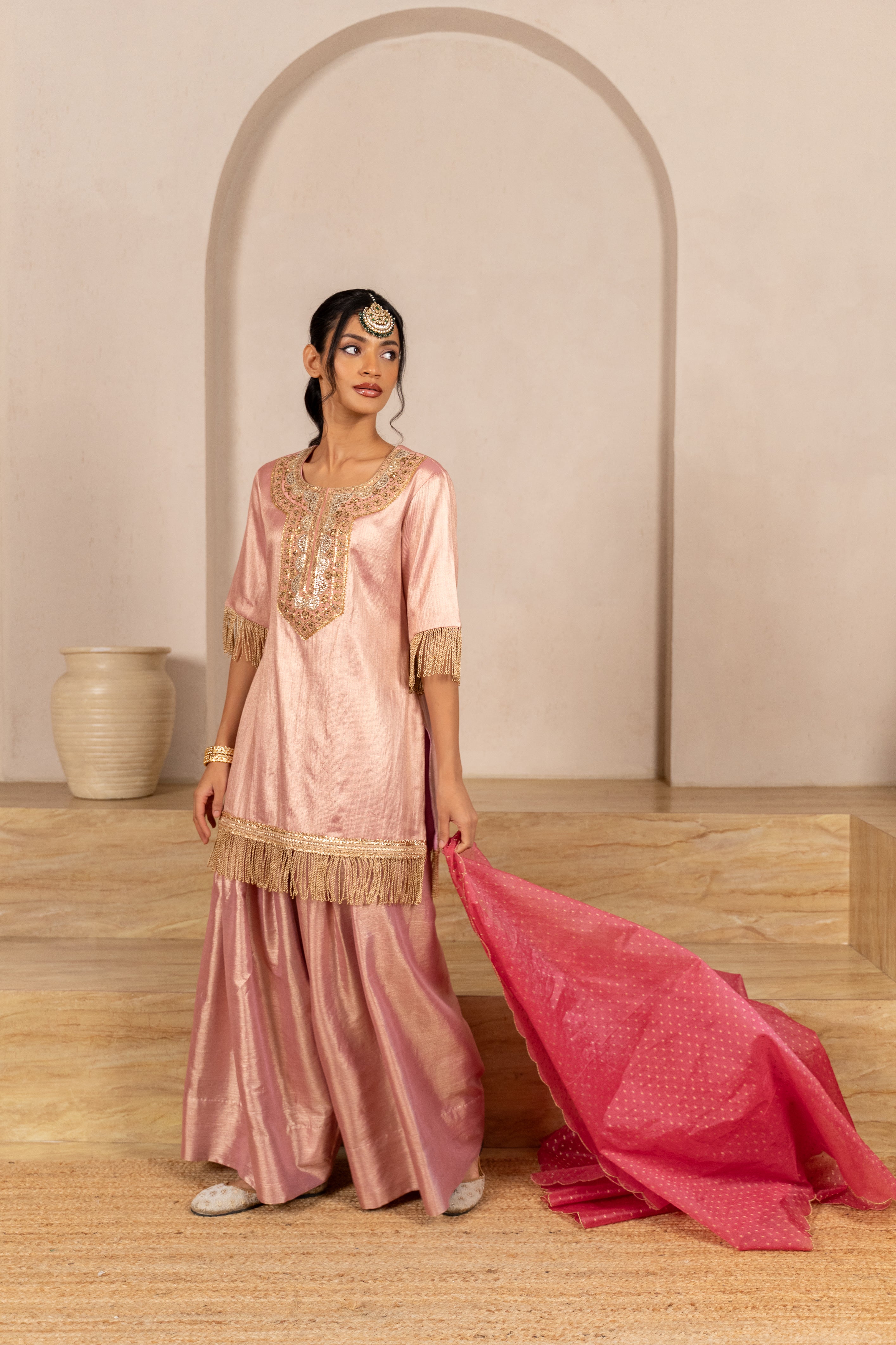 Gota Zari Yoke Twill kurta , Flared Salwar Pants & Banarasi Organza Dupatta