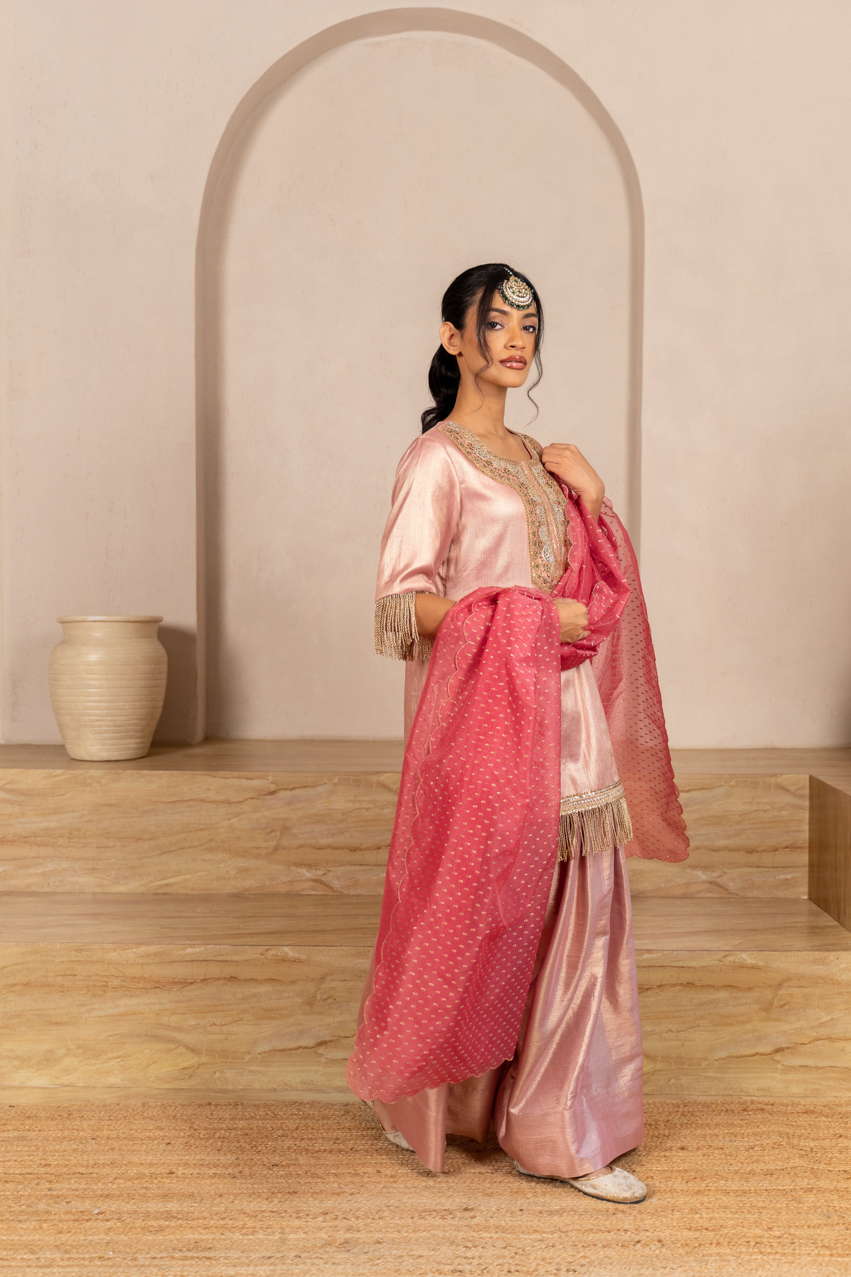 Gota Zari Yoke Twill kurta , Flared Salwar Pants & Banarasi Organza Dupatta